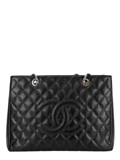 CHANEL - Black Caviar Quilted Grand Shopping Tote GST Sliver Hardware