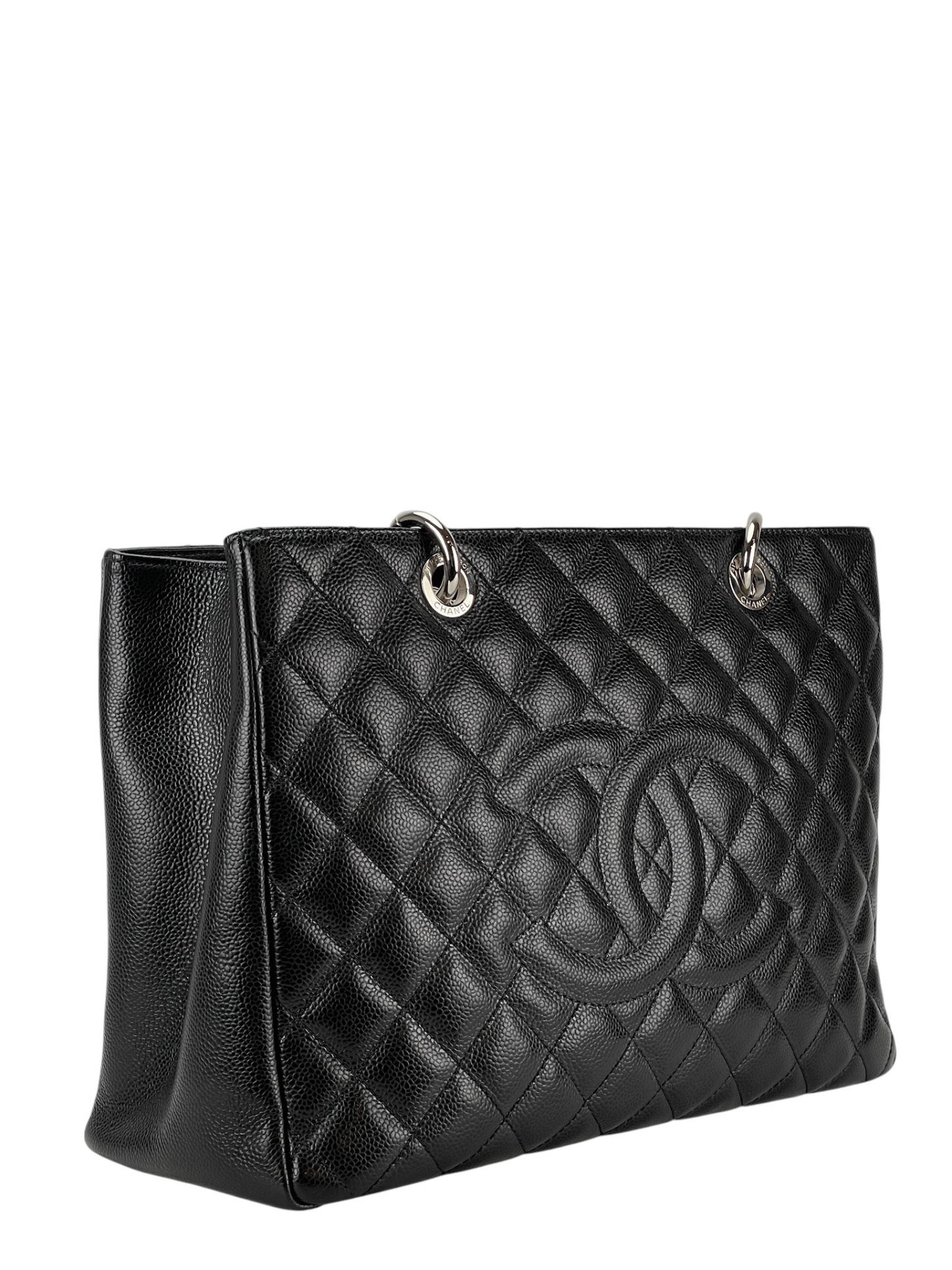 CHANEL - Black Caviar Quilted Grand Shopping Tote GST Sliver Hardware