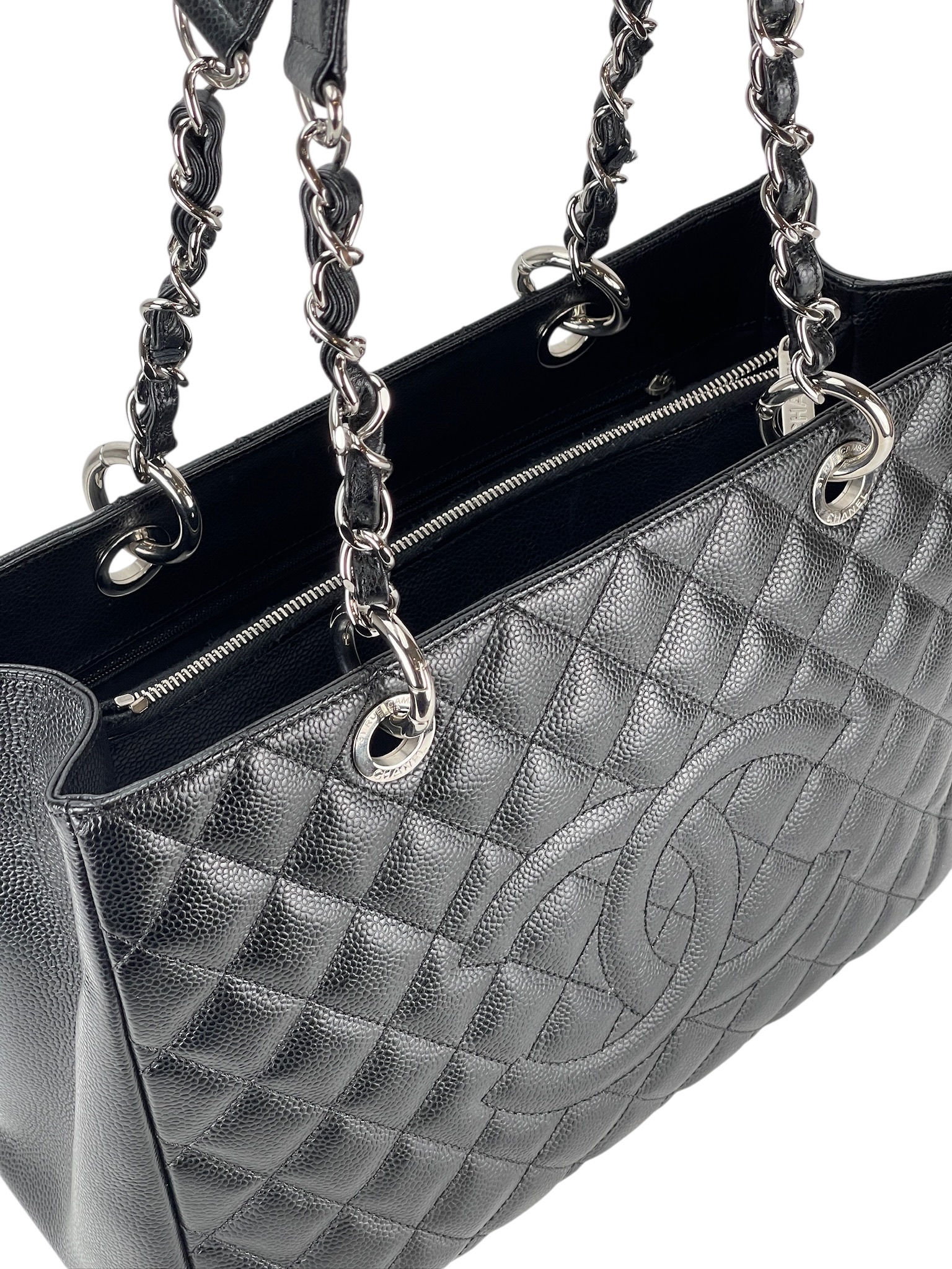 CHANEL - Black Caviar Quilted Grand Shopping Tote GST Sliver Hardware