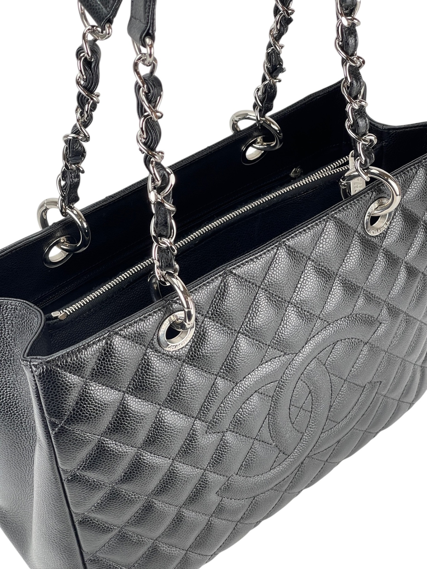 CHANEL - Black Caviar Quilted Grand Shopping Tote GST Sliver Hardware