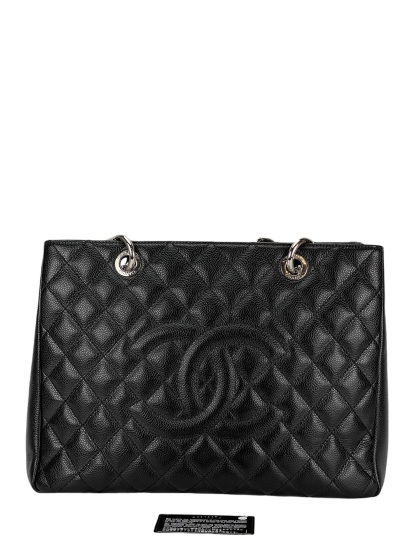 CHANEL - Black Caviar Quilted Grand Shopping Tote GST Sliver Hardware