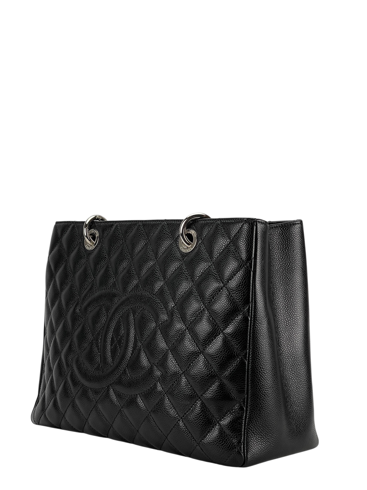 CHANEL - Black Caviar Quilted Grand Shopping Tote GST Sliver Hardware