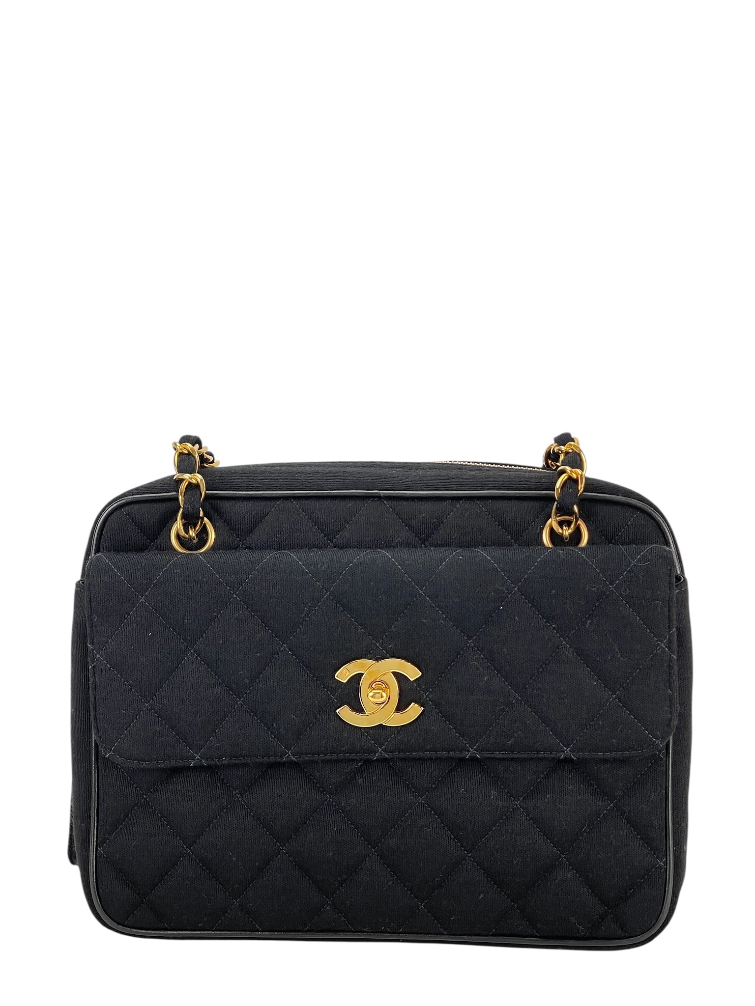 CHANEL - Black Cotton Matelasse Chain Shoulder Bag 