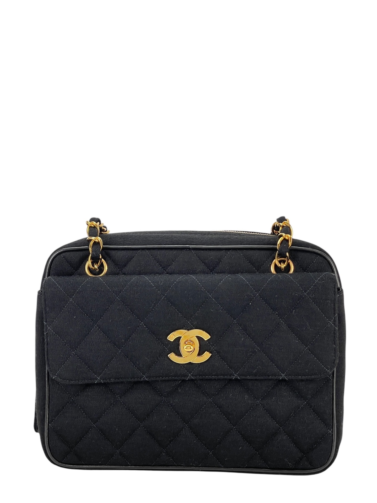 CHANEL - Black Cotton Matelasse Chain Shoulder Bag 