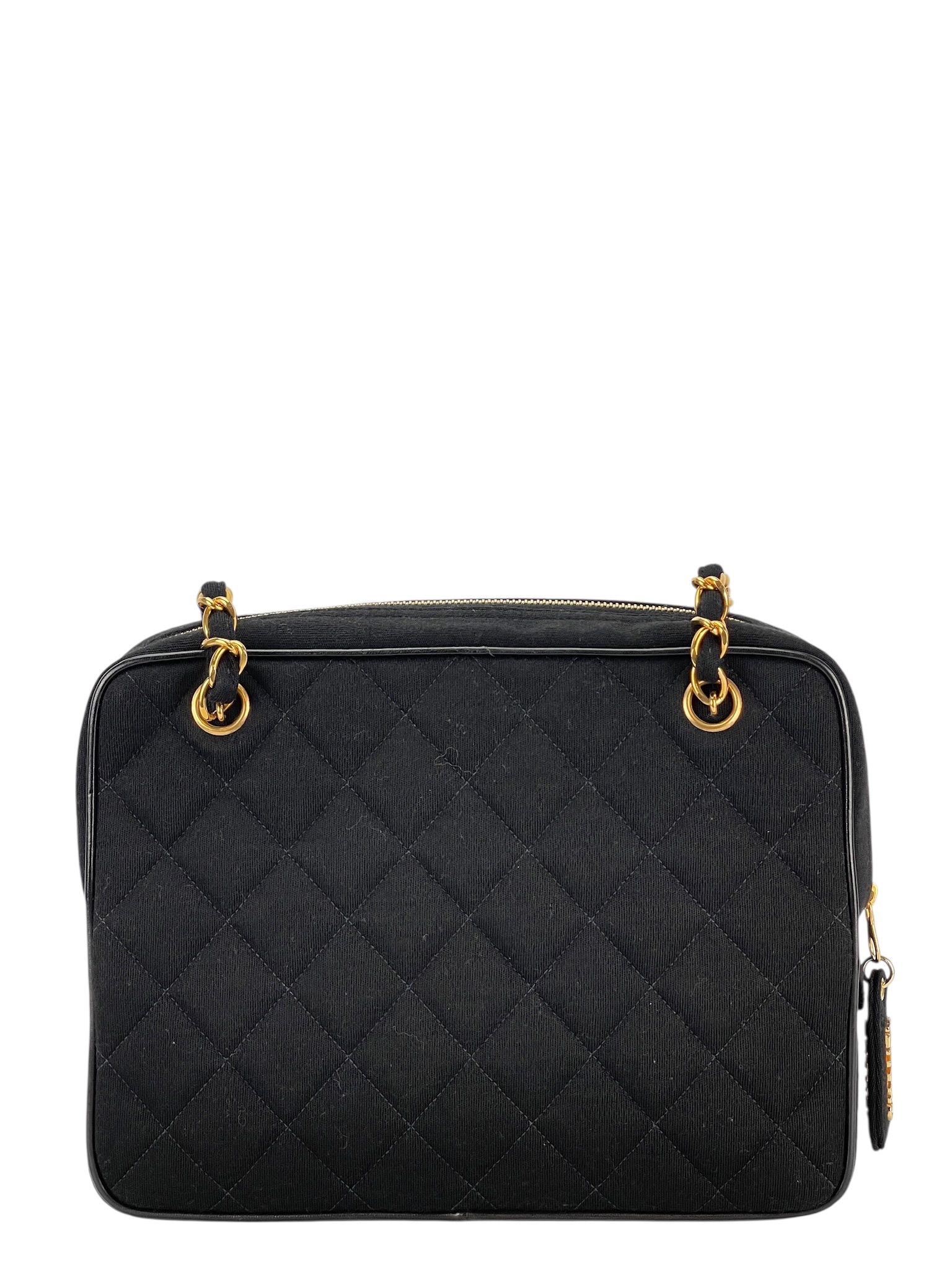 CHANEL - Black Cotton Matelasse Chain Shoulder Bag 