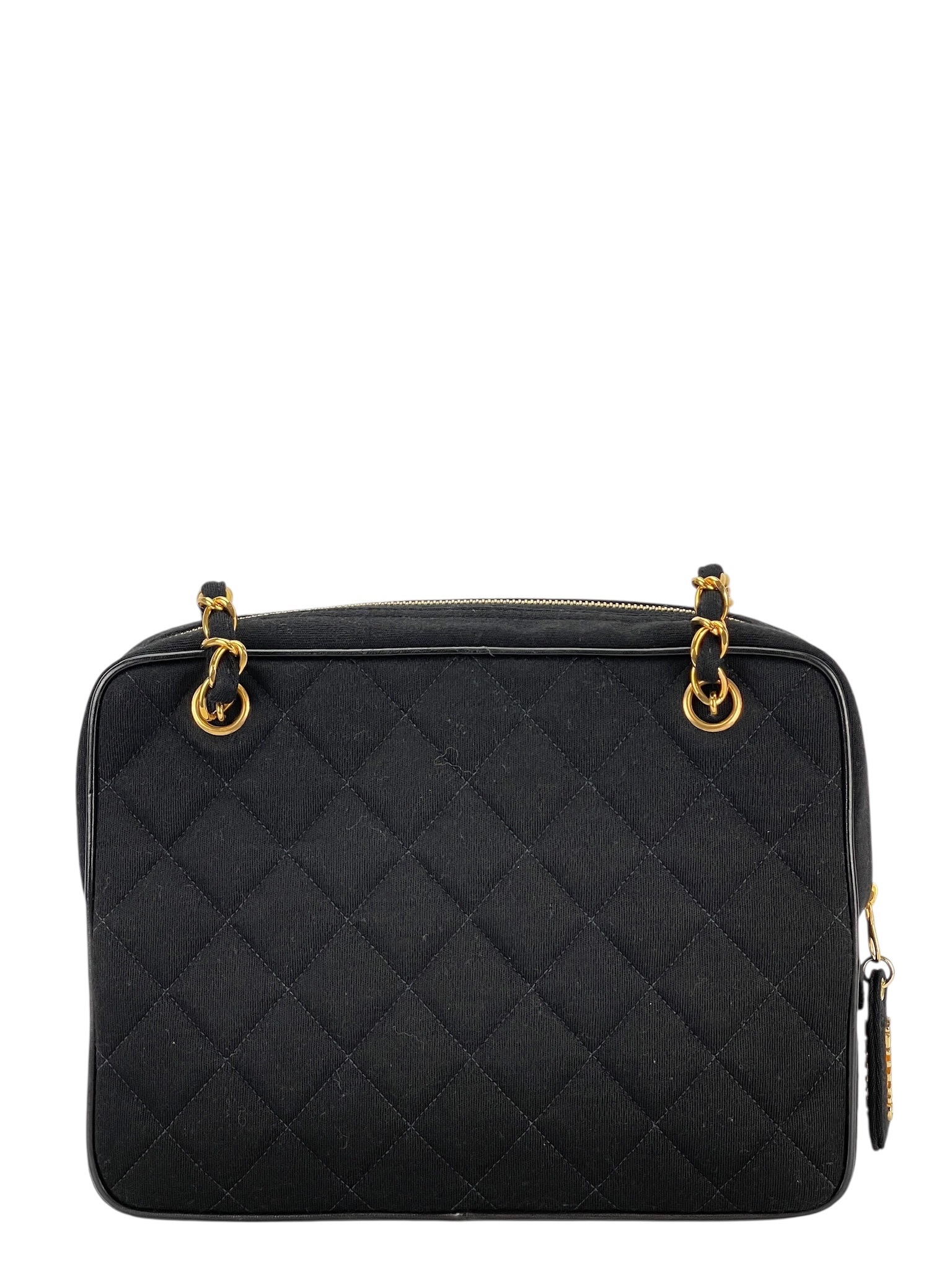 CHANEL - Black Cotton Matelasse Chain Shoulder Bag 