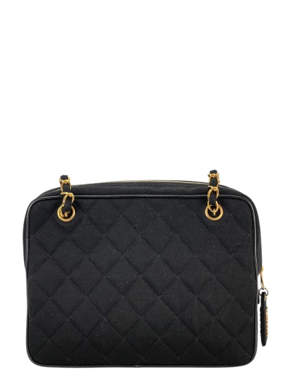 CHANEL - Black Cotton Matelasse Chain Shoulder Bag 