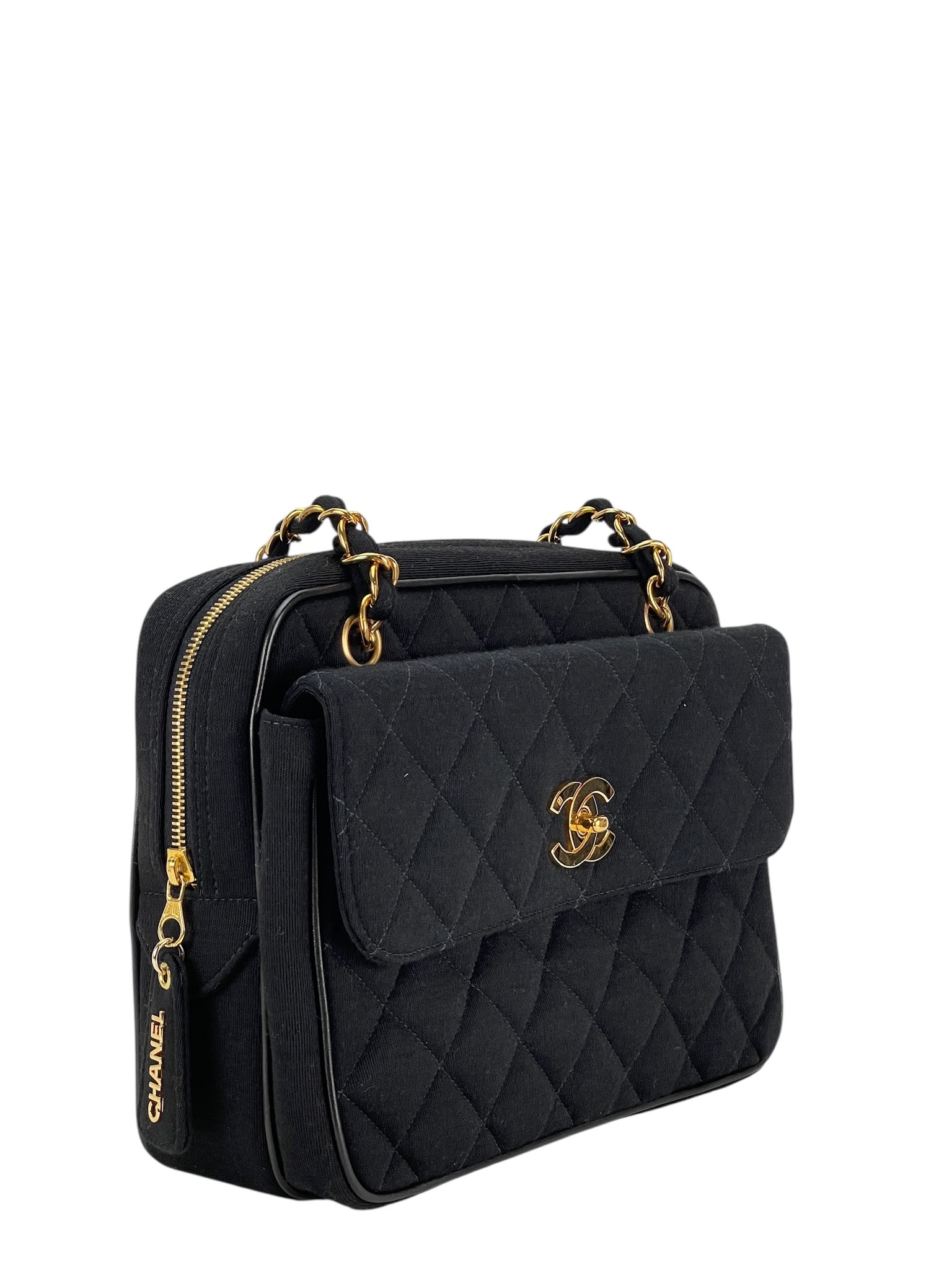 CHANEL - Black Cotton Matelasse Chain Shoulder Bag 
