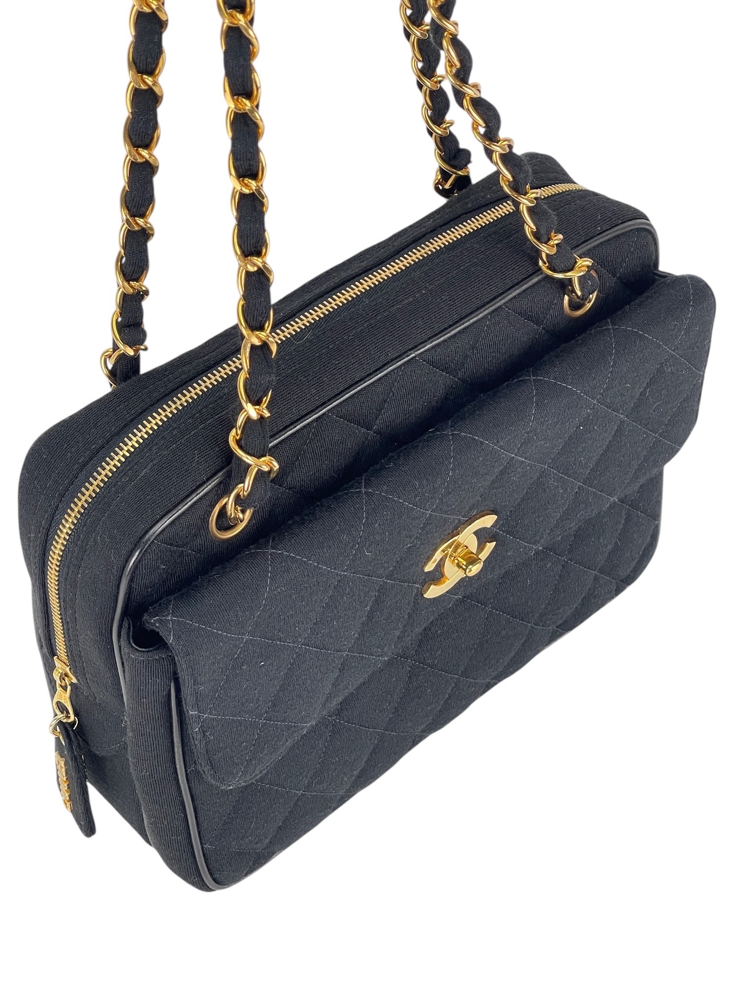 CHANEL - Black Cotton Matelasse Chain Shoulder Bag 