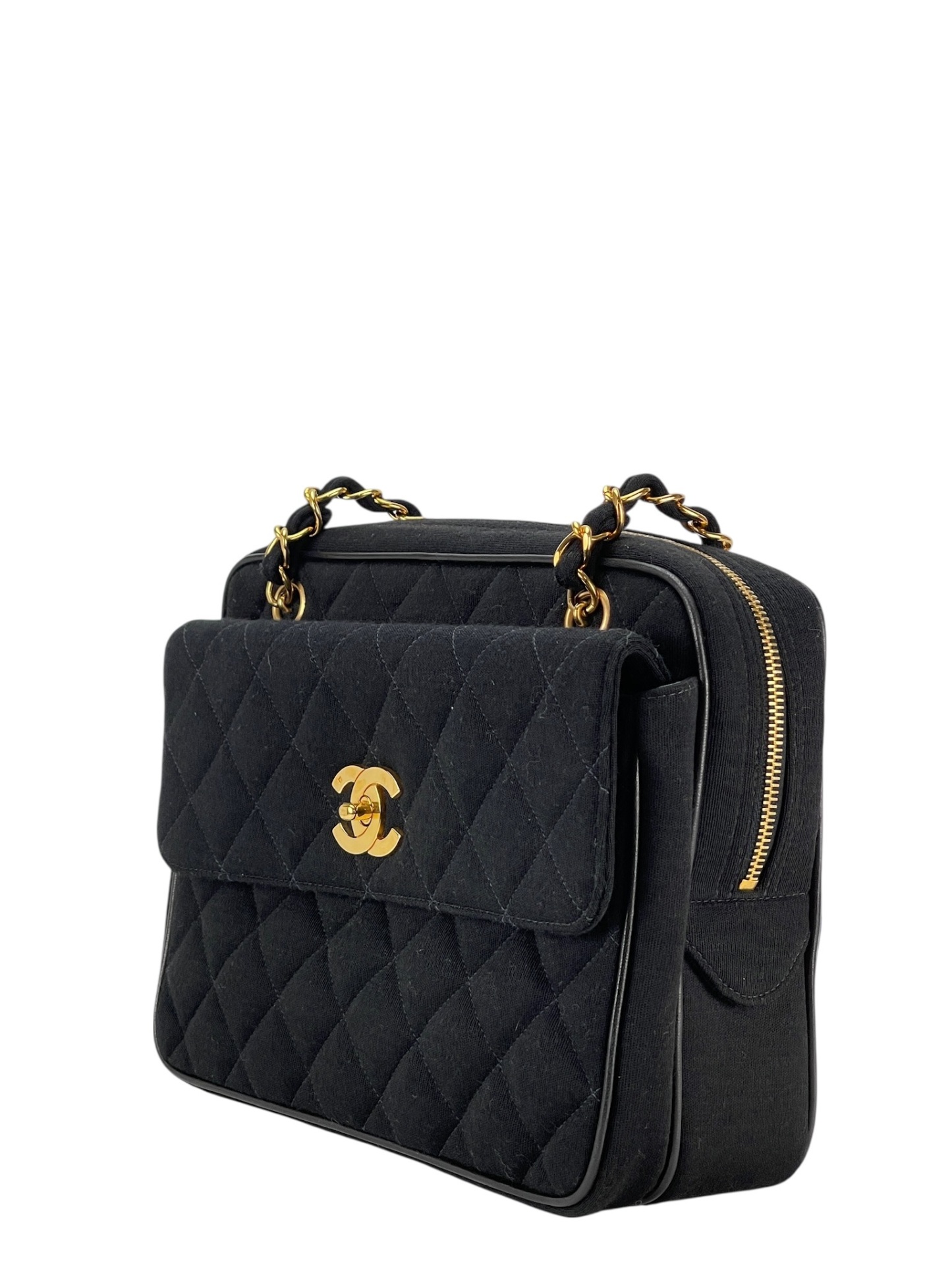CHANEL - Black Cotton Matelasse Chain Shoulder Bag 