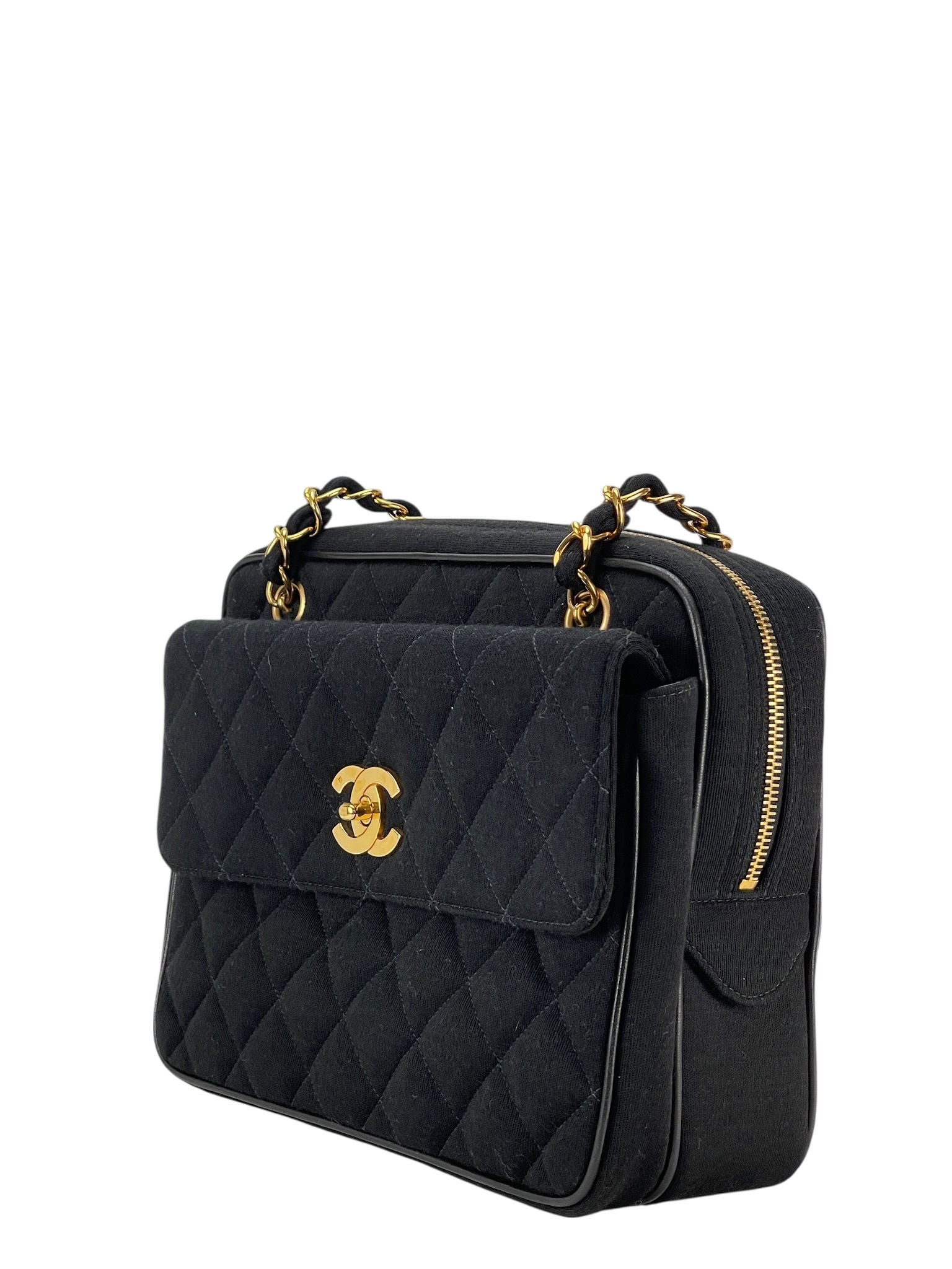 CHANEL - Black Cotton Matelasse Chain Shoulder Bag 