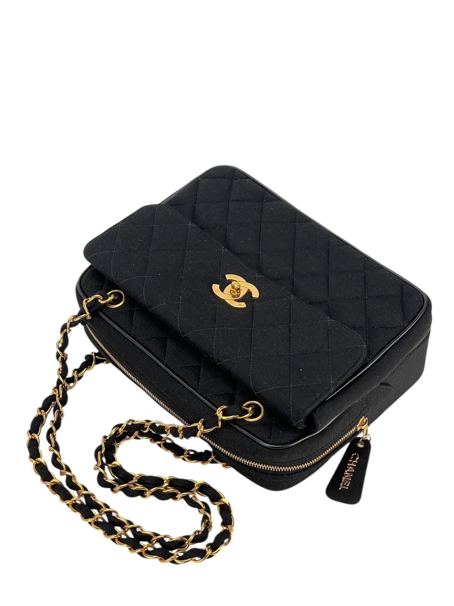 CHANEL - Black Cotton Matelasse Chain Shoulder Bag 