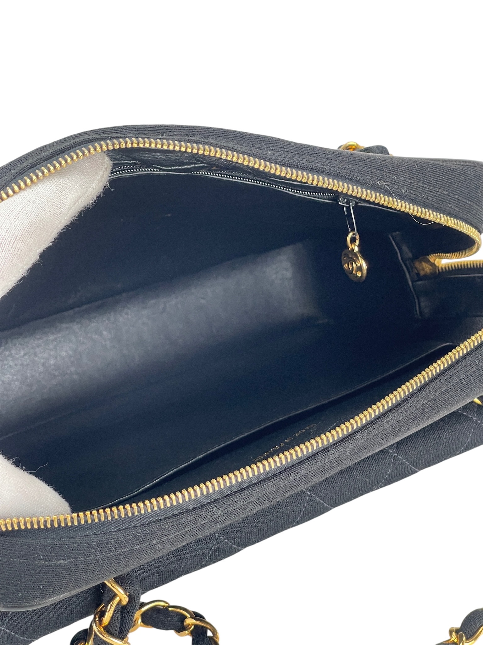 CHANEL - Black Cotton Matelasse Chain Shoulder Bag 