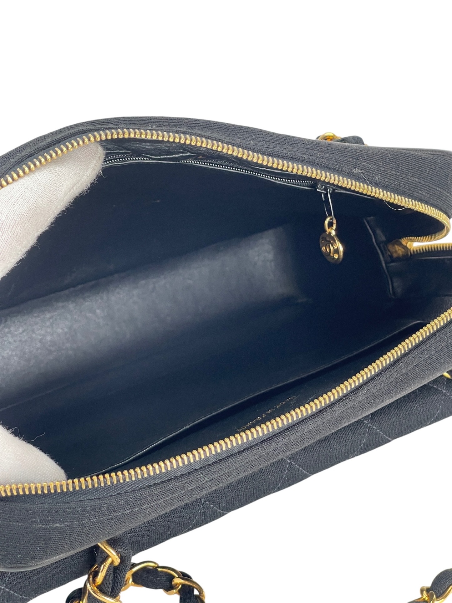 CHANEL - Black Cotton Matelasse Chain Shoulder Bag 