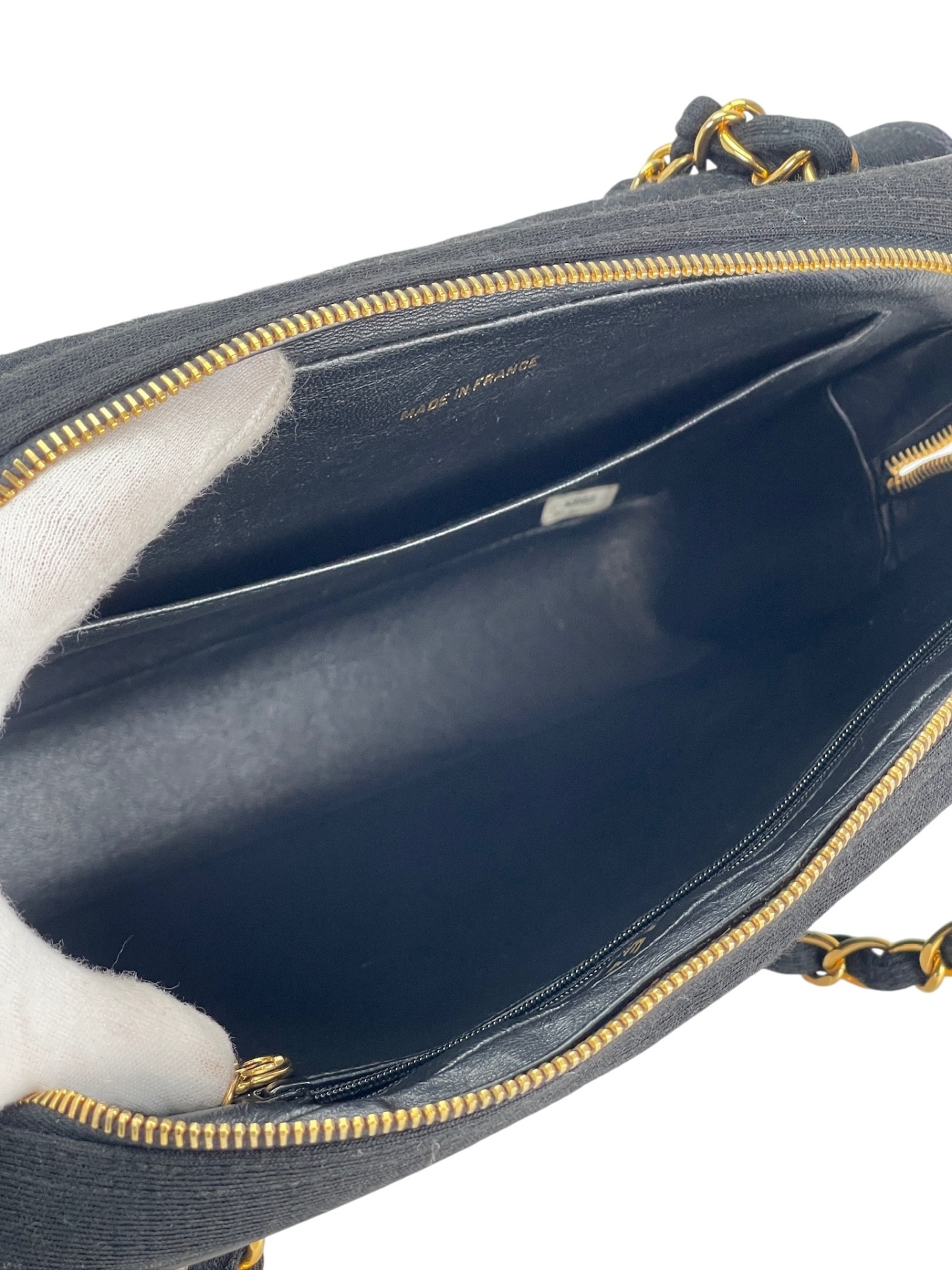 CHANEL - Black Cotton Matelasse Chain Shoulder Bag 