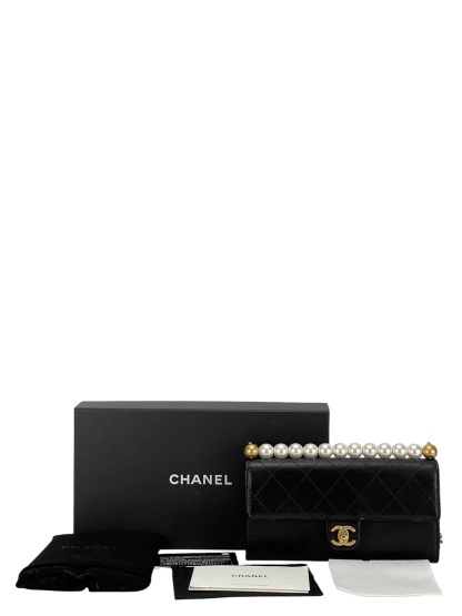 CHANEL - Black Lambskin Quilted Small Chic Pearls Flap Bag 