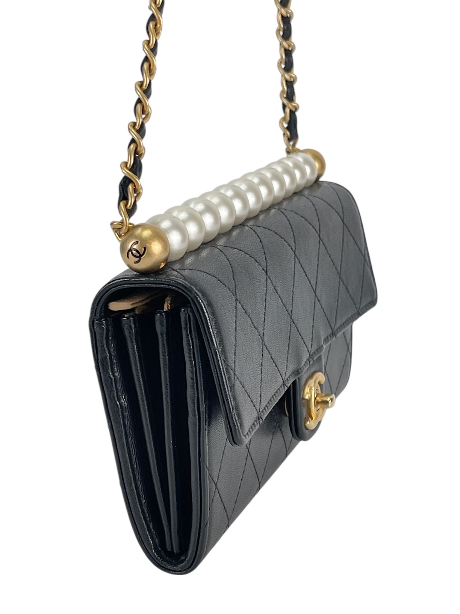 CHANEL - Black Lambskin Quilted Small Chic Pearls Flap Bag 