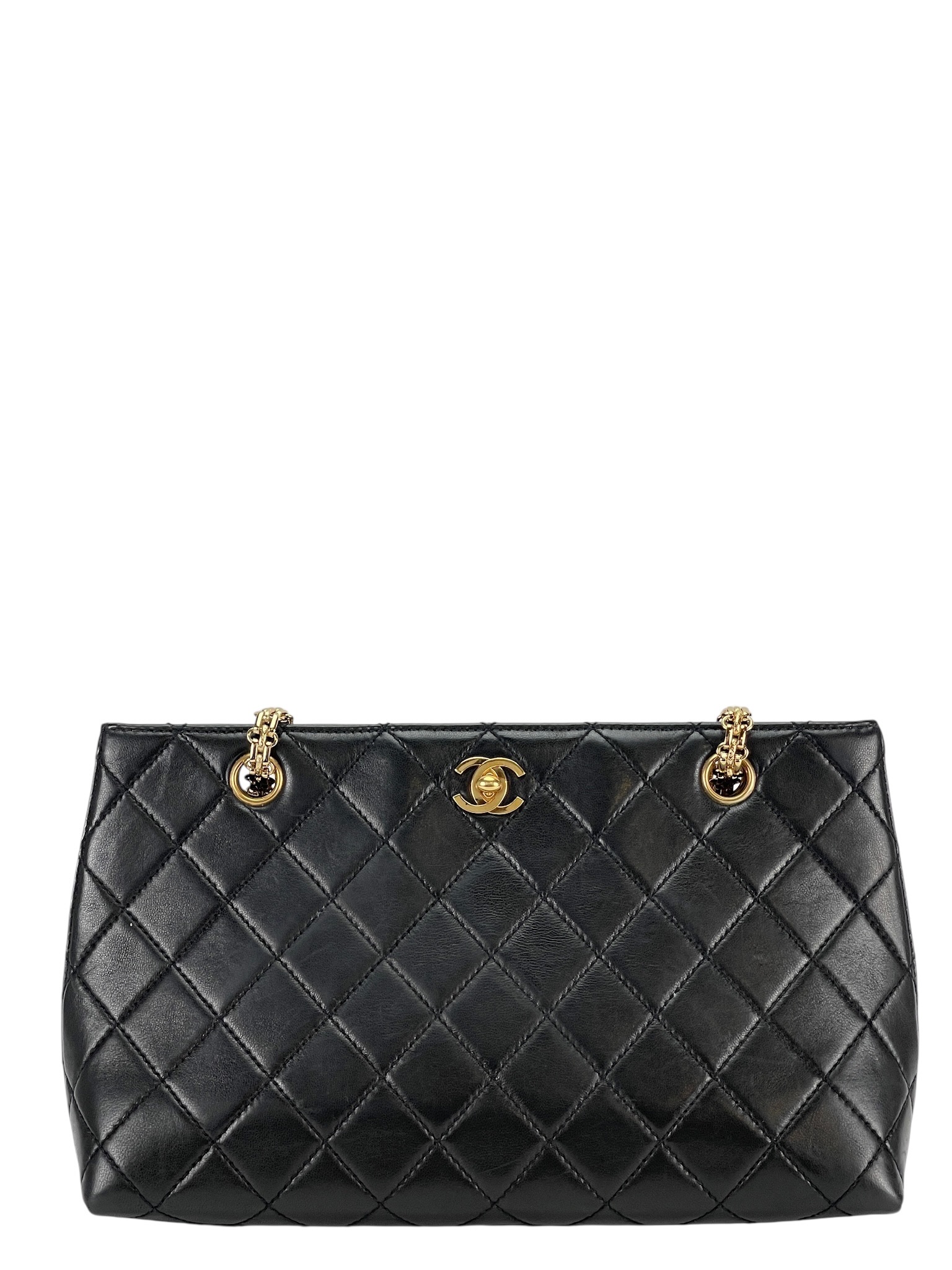 CHANEL - Black Lambskin Quilted Tote Bag