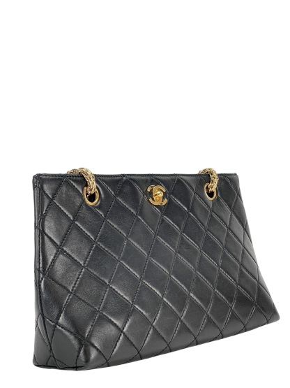 CHANEL - Black Lambskin Quilted Tote Bag
