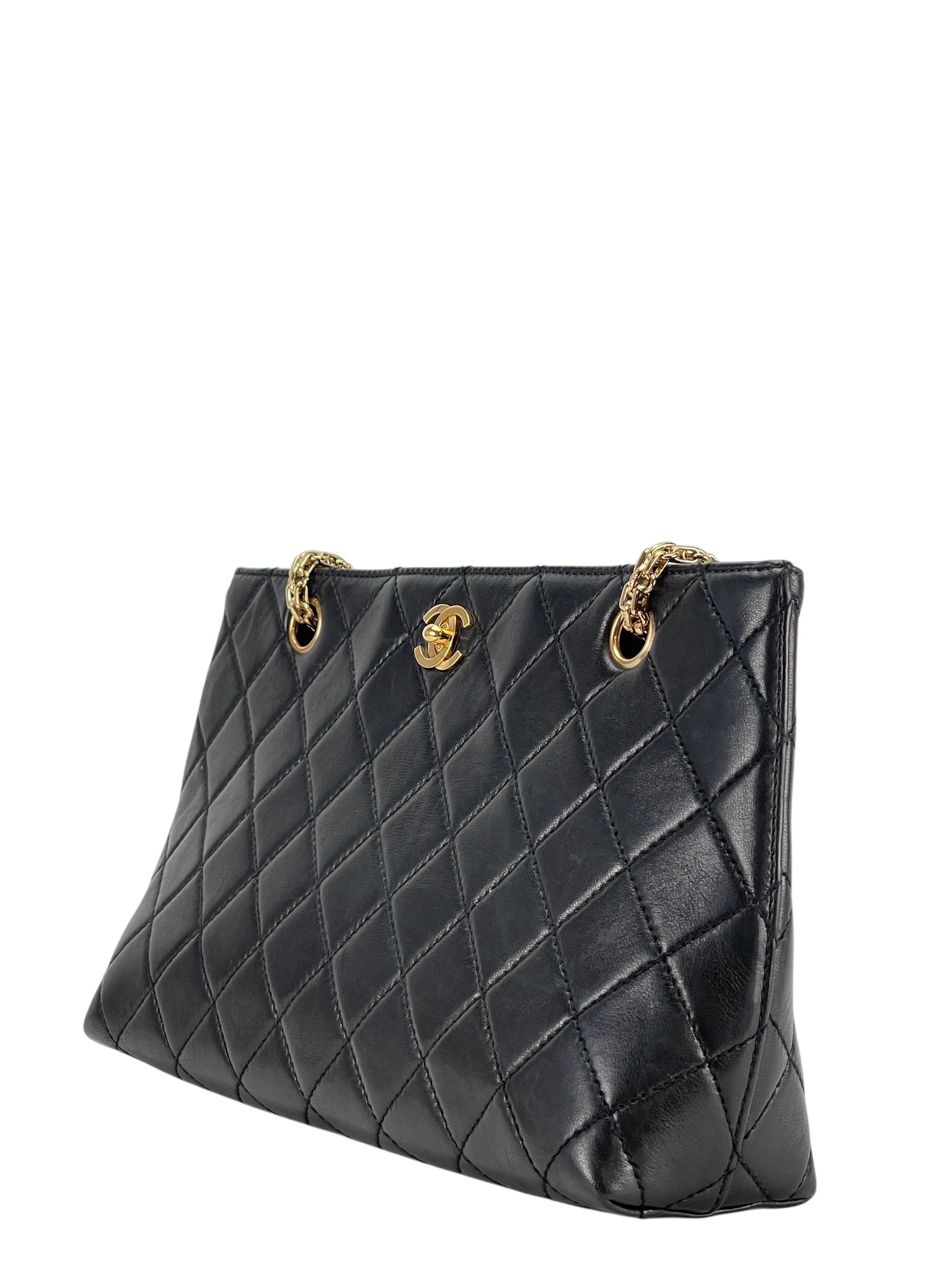 CHANEL - Black Lambskin Quilted Tote Bag