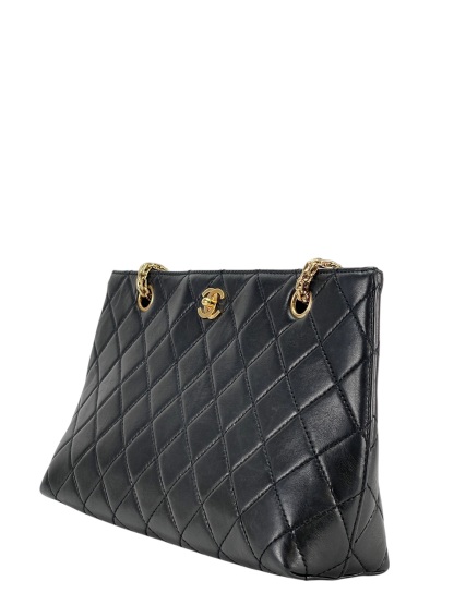 CHANEL - Black Lambskin Quilted Tote Bag