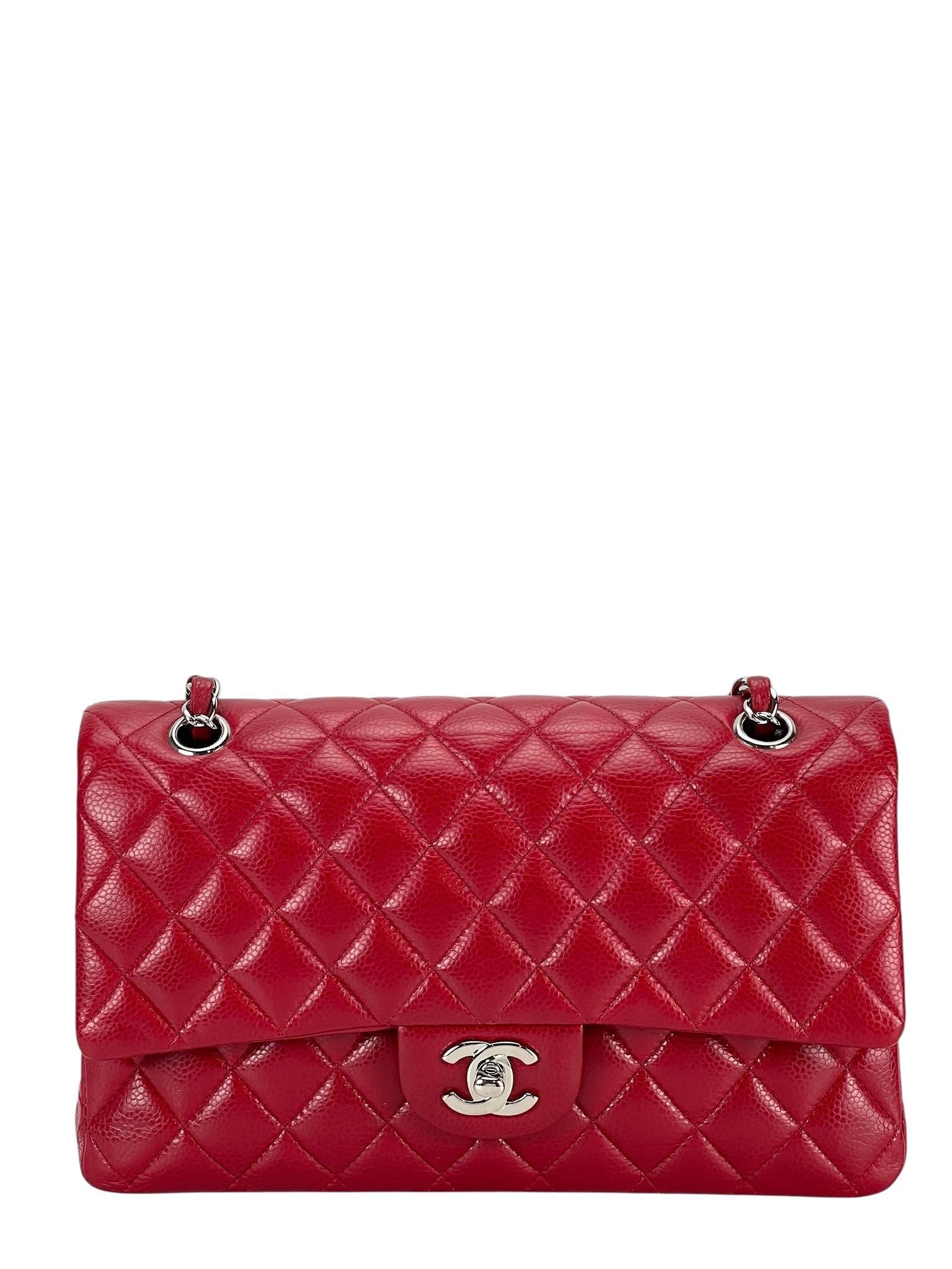 CHANEL - Medium Classic Double Flap Bag Red Caviar Sliver Hardware (CF25)