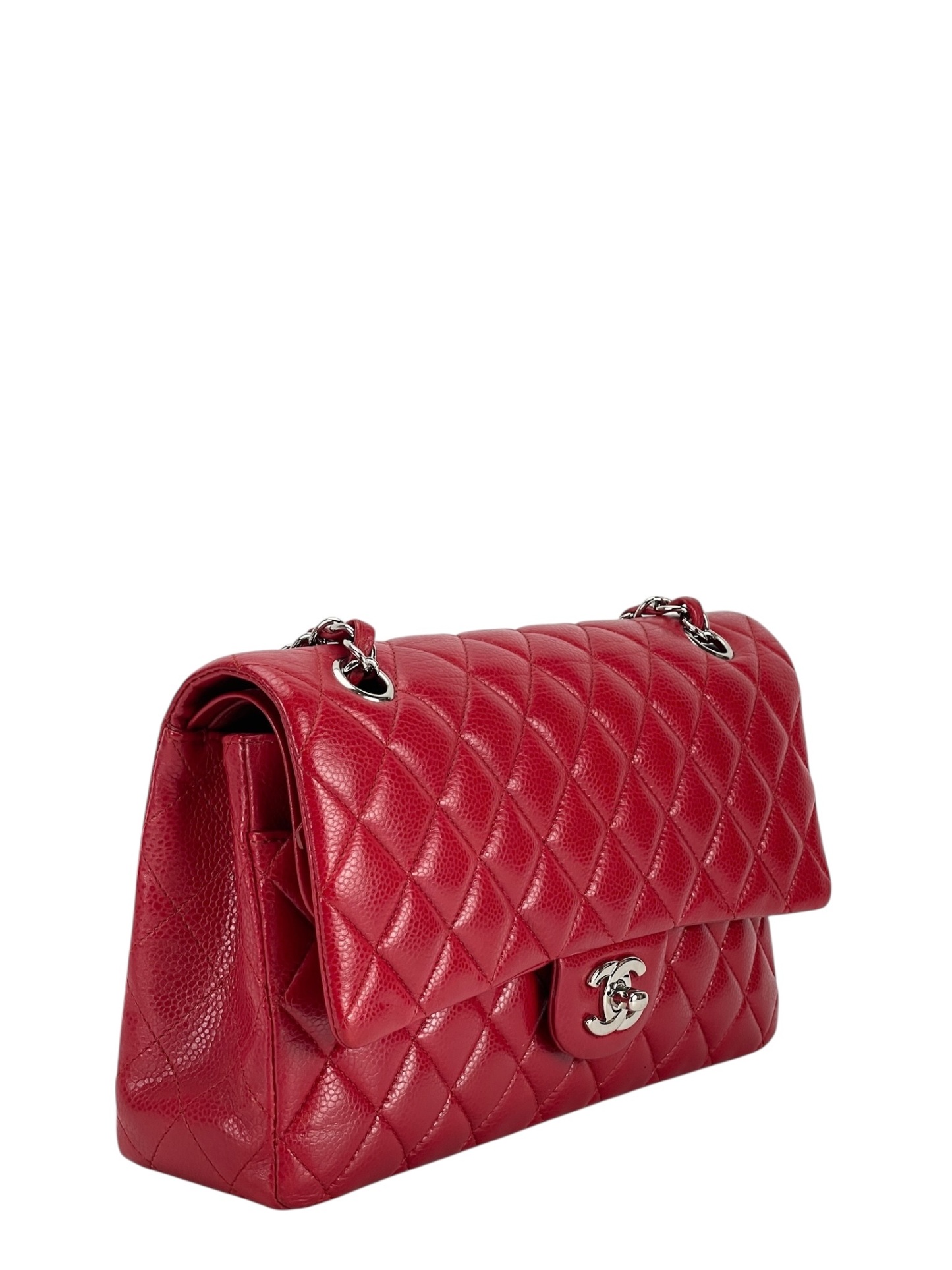 CHANEL - Medium Classic Double Flap Bag Red Caviar Sliver Hardware (CF25)