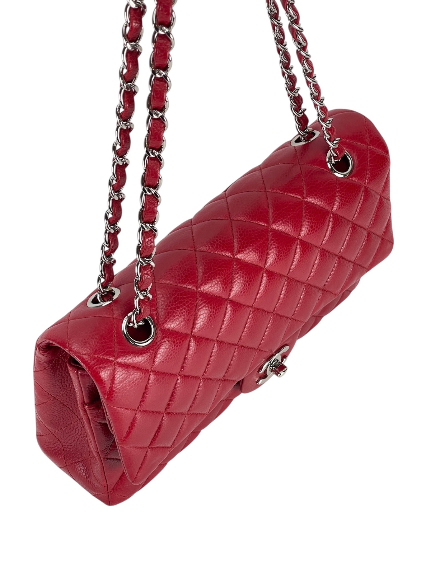 CHANEL - Medium Classic Double Flap Bag Red Caviar Sliver Hardware (CF25)