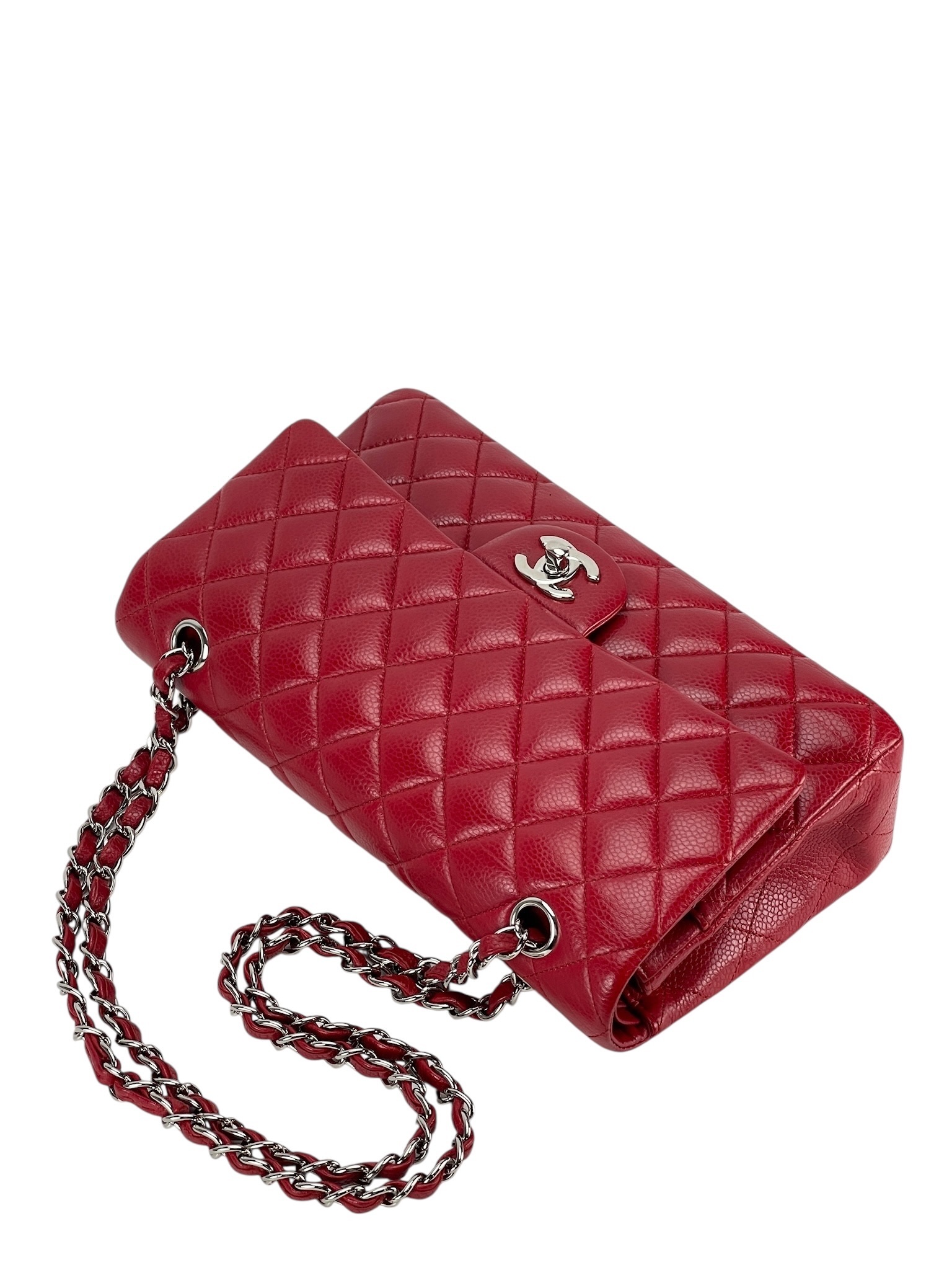 CHANEL - Medium Classic Double Flap Bag Red Caviar Sliver Hardware (CF25)