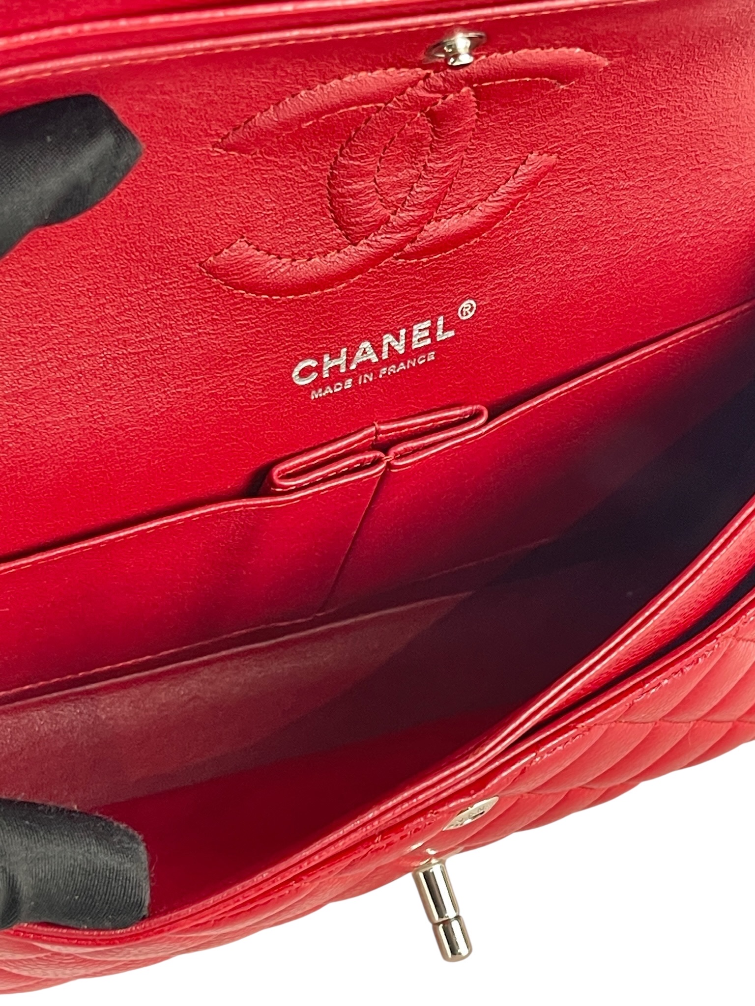 CHANEL - Medium Classic Double Flap Bag Red Caviar Sliver Hardware (CF25)
