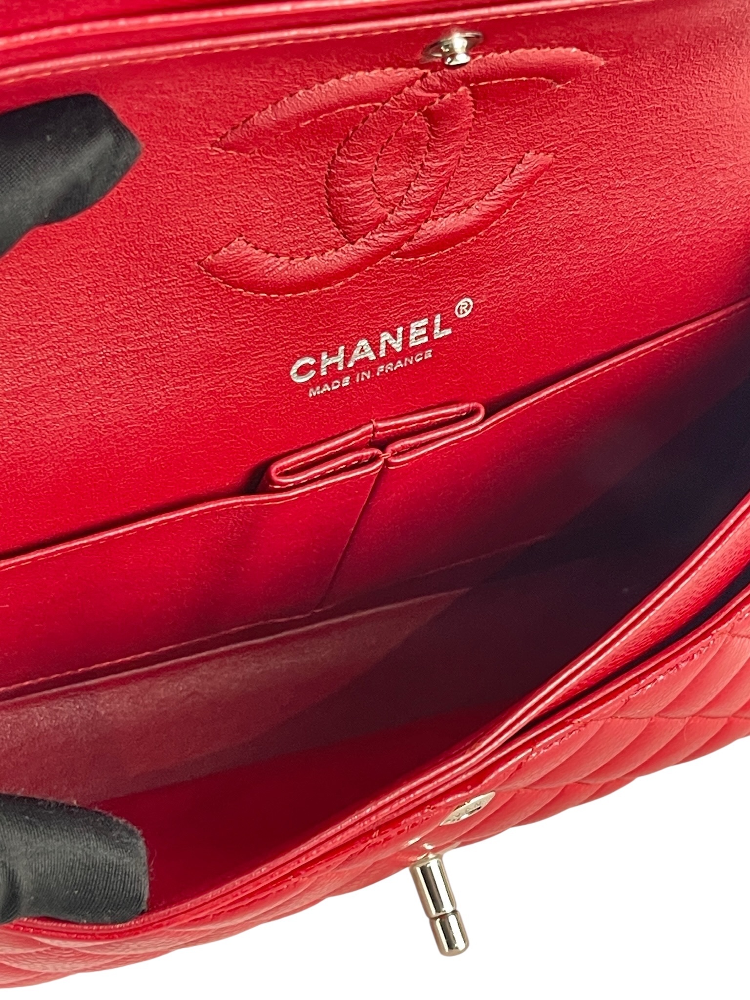 CHANEL - Medium Classic Double Flap Bag Red Caviar Sliver Hardware (CF25)