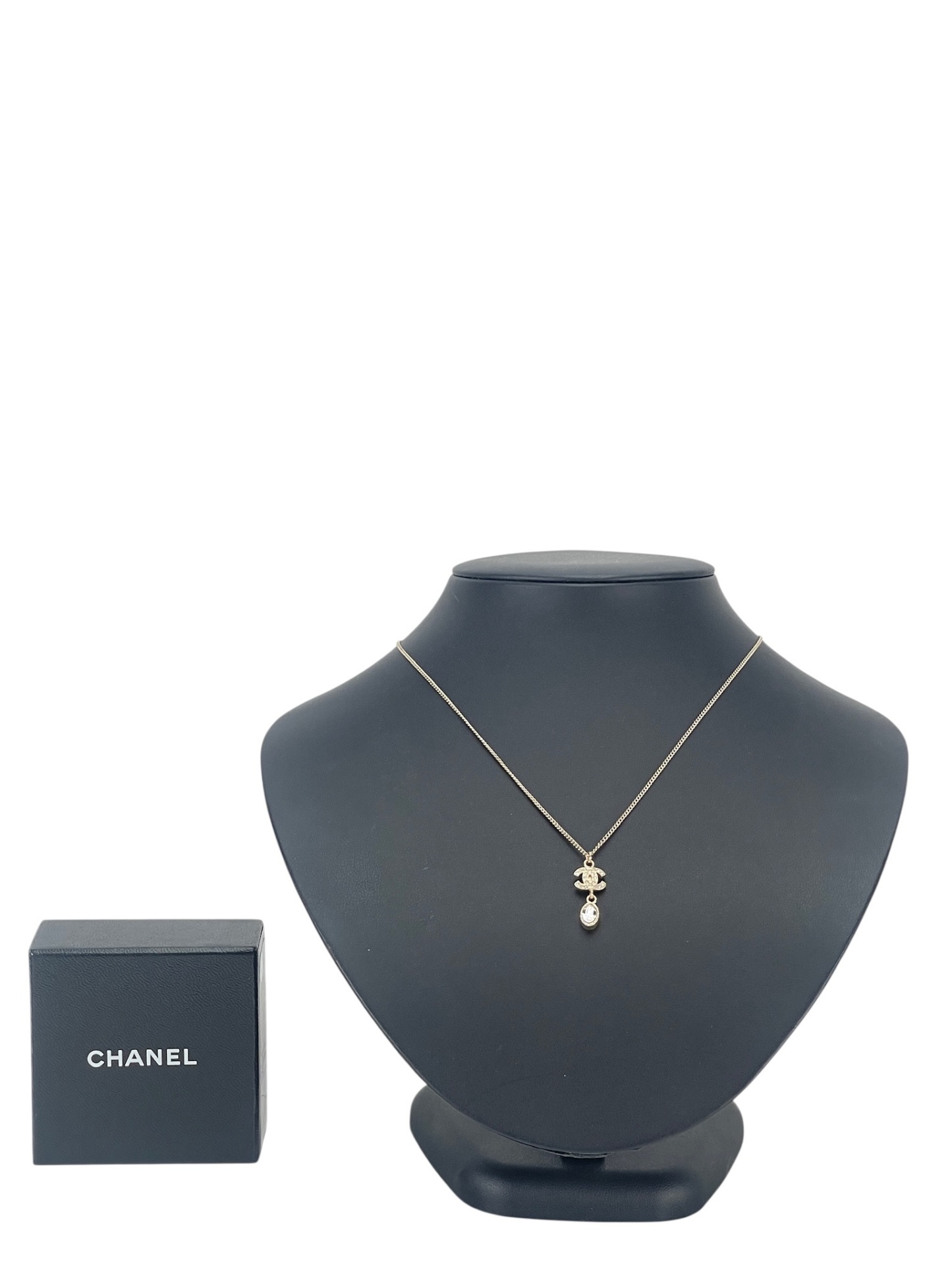 CHANEL - 09A Gold Rhinestone Logo Pendant Necklace