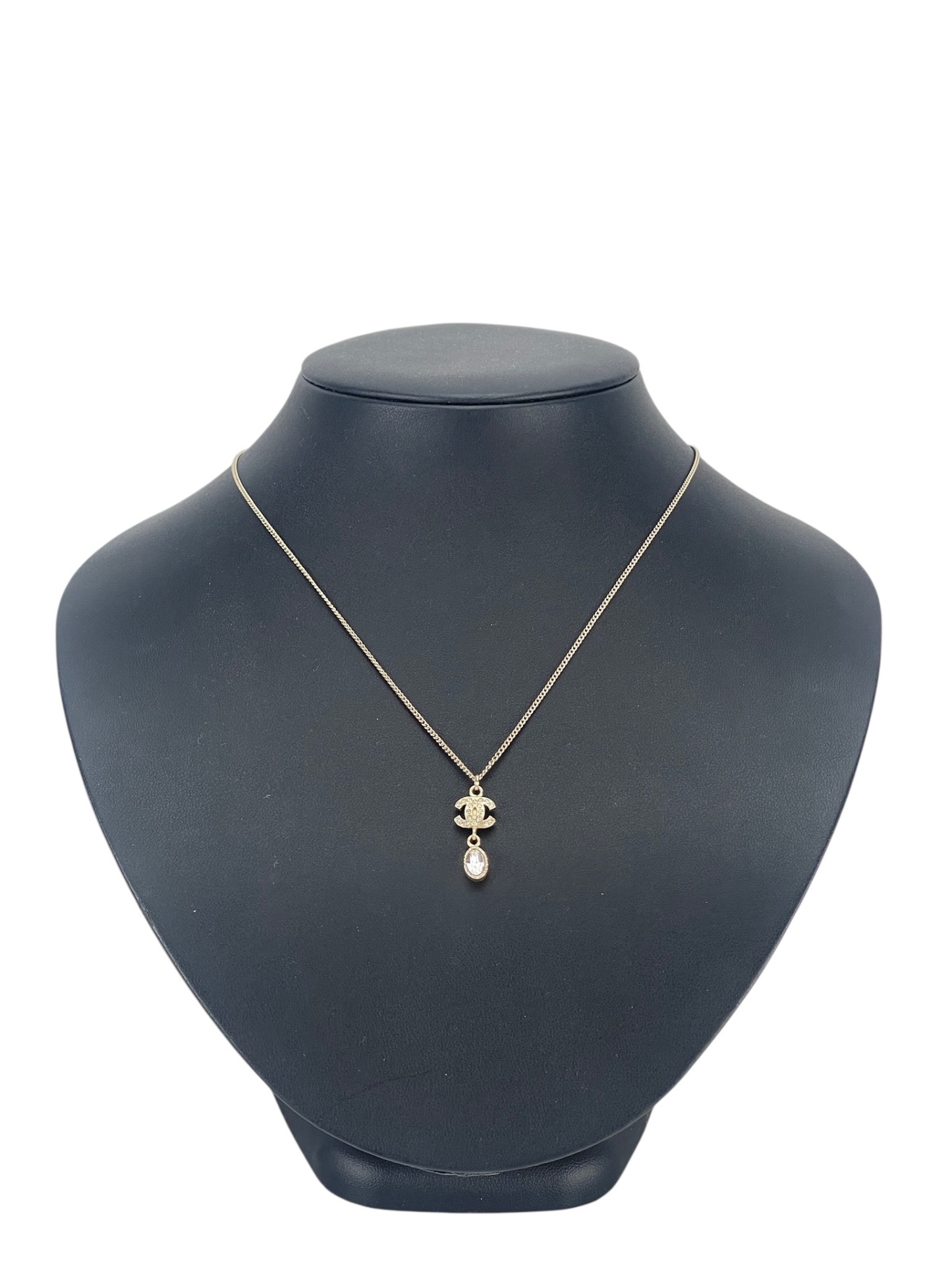 CHANEL - 09A Gold Rhinestone Logo Pendant Necklace