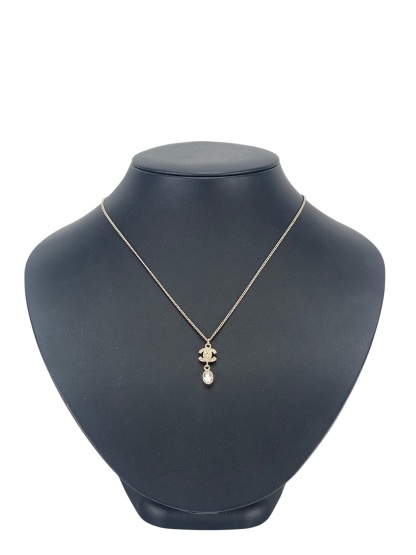 CHANEL - 09A Gold Rhinestone Logo Pendant Necklace