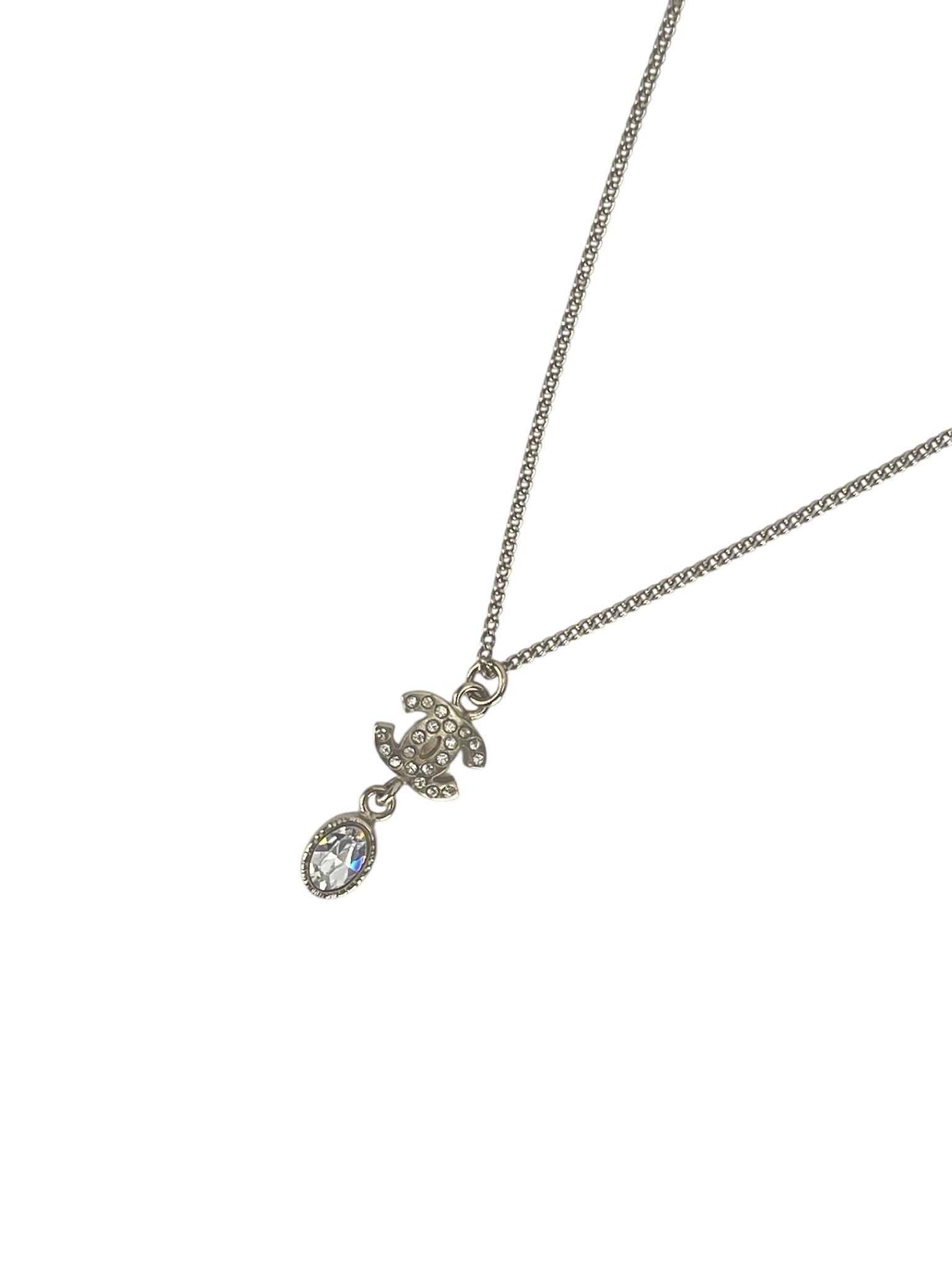 CHANEL - 09A Gold Rhinestone Logo Pendant Necklace