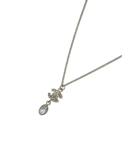 CHANEL - 09A Gold Rhinestone Logo Pendant Necklace