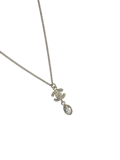 CHANEL - 09A Gold Rhinestone Logo Pendant Necklace