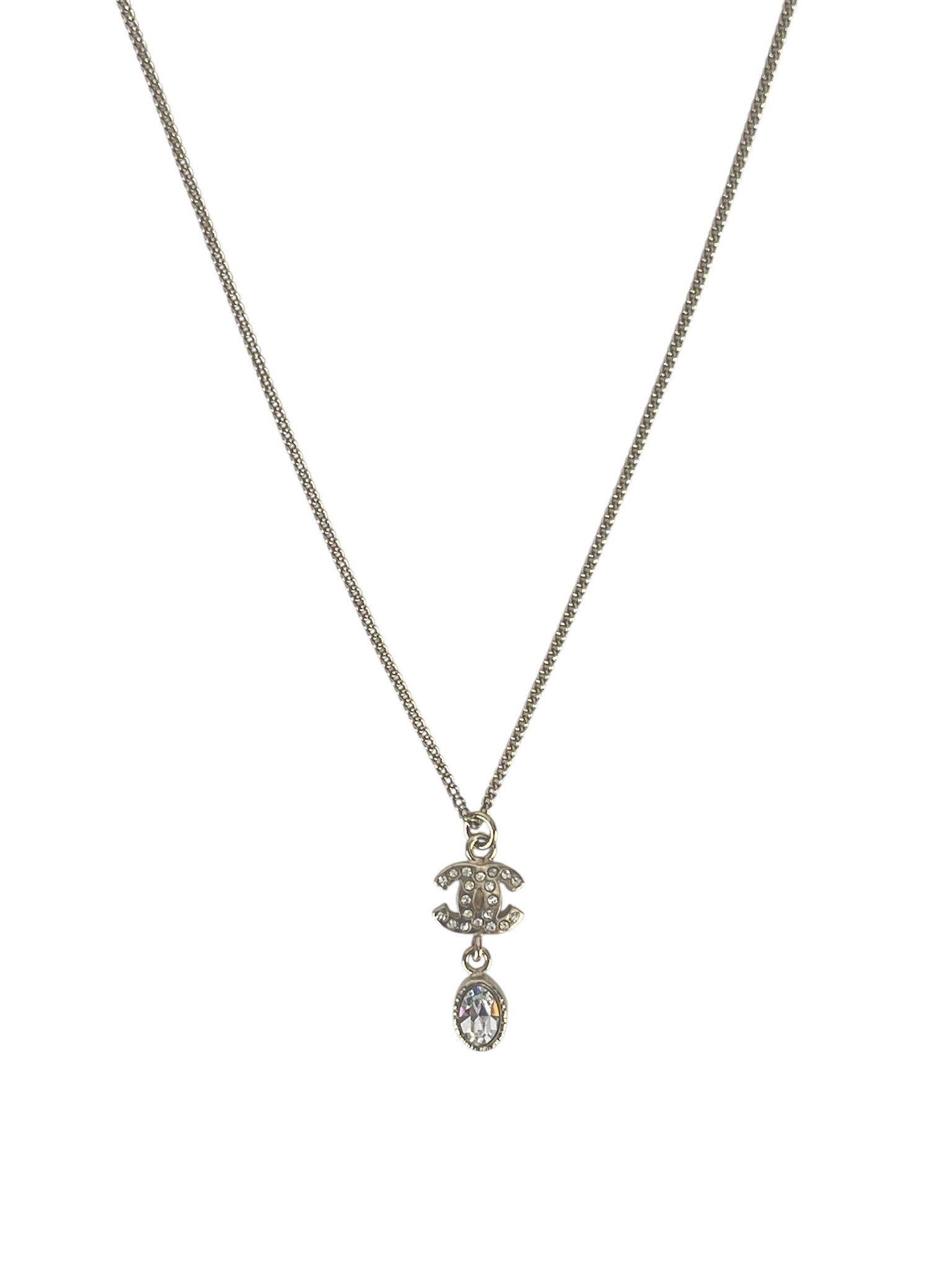 CHANEL - 09A Gold Rhinestone Logo Pendant Necklace