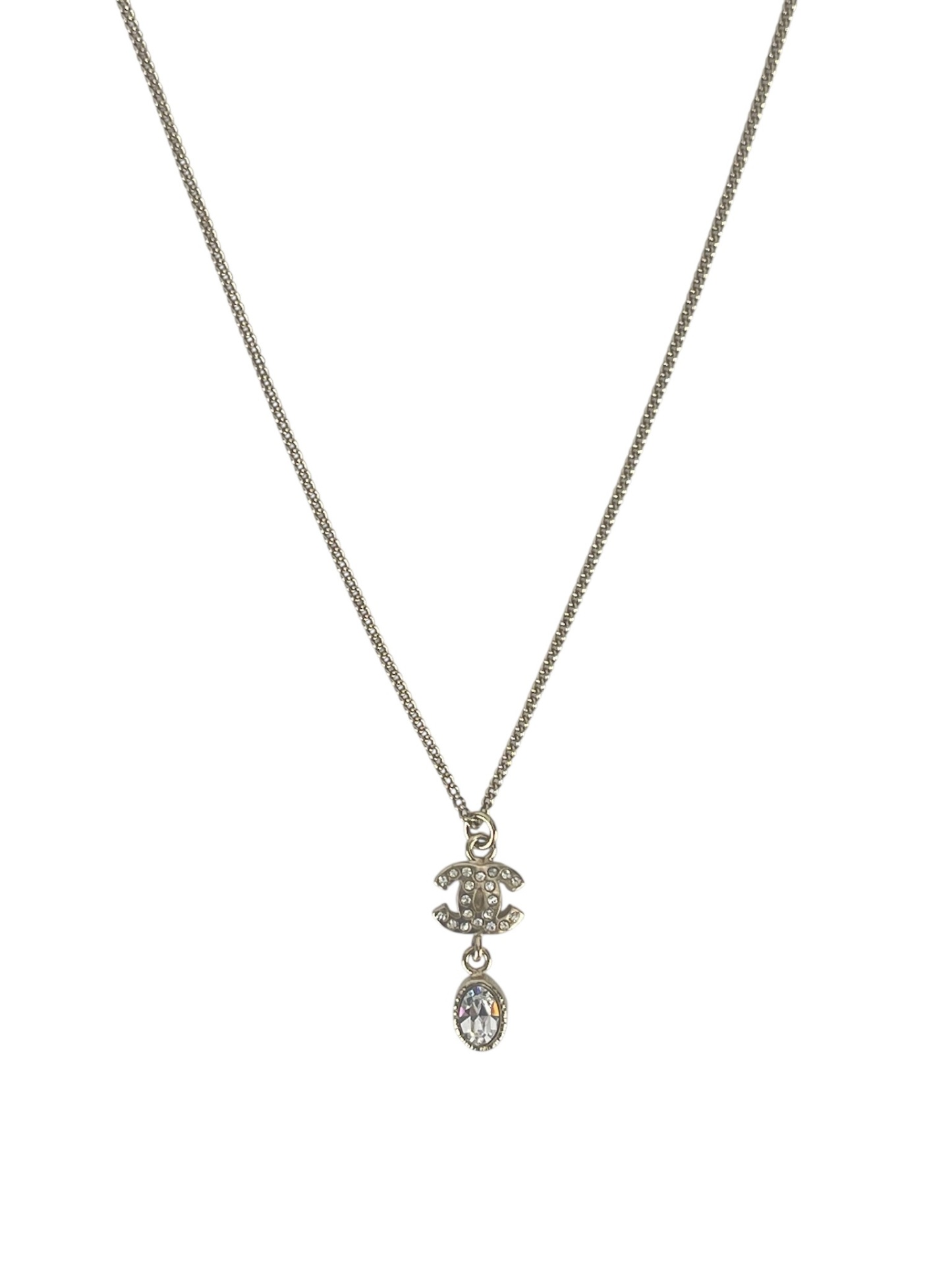 CHANEL - 09A Gold Rhinestone Logo Pendant Necklace