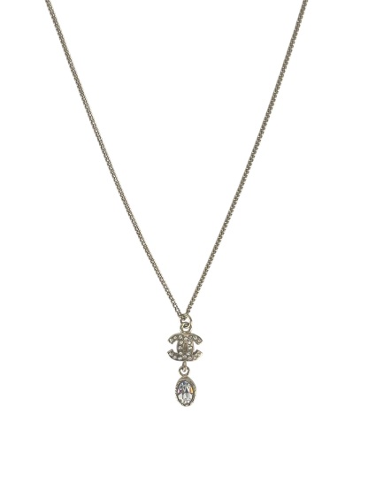 CHANEL - 09A Gold Rhinestone Logo Pendant Necklace