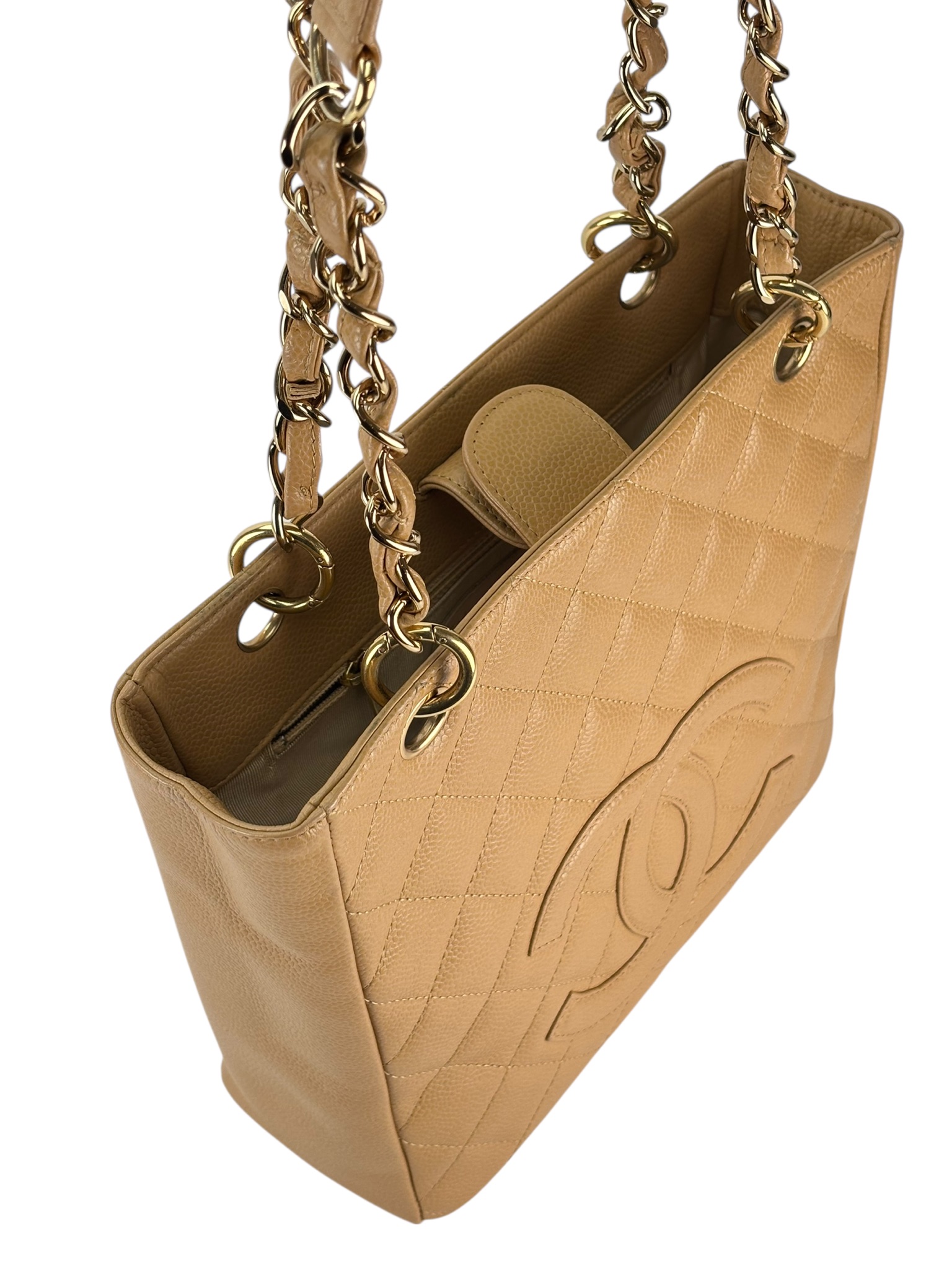 CHANEL -  Beige Caviar Quilted Grand Shopping Tote PST 