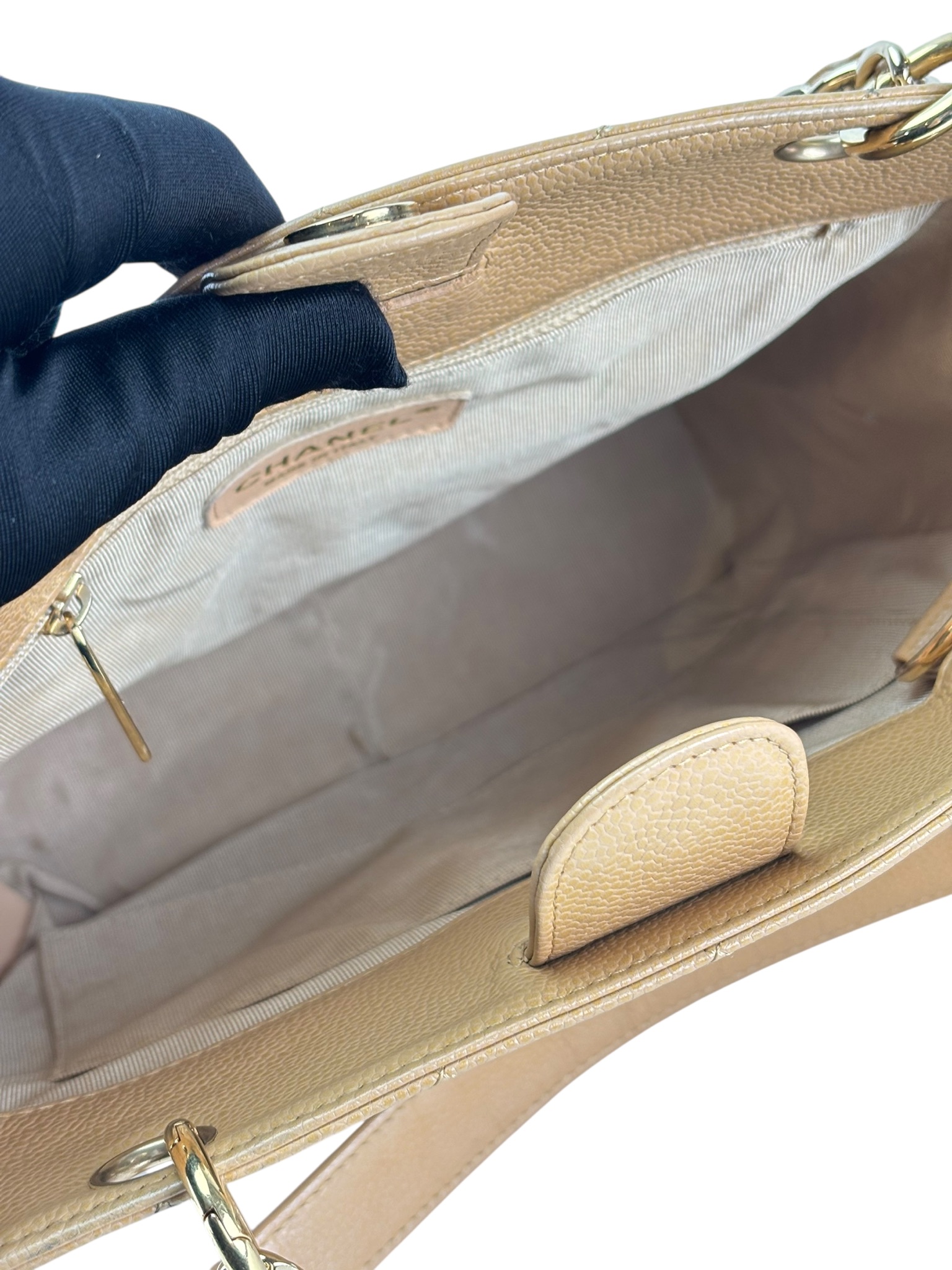 CHANEL -  Beige Caviar Quilted Grand Shopping Tote PST 