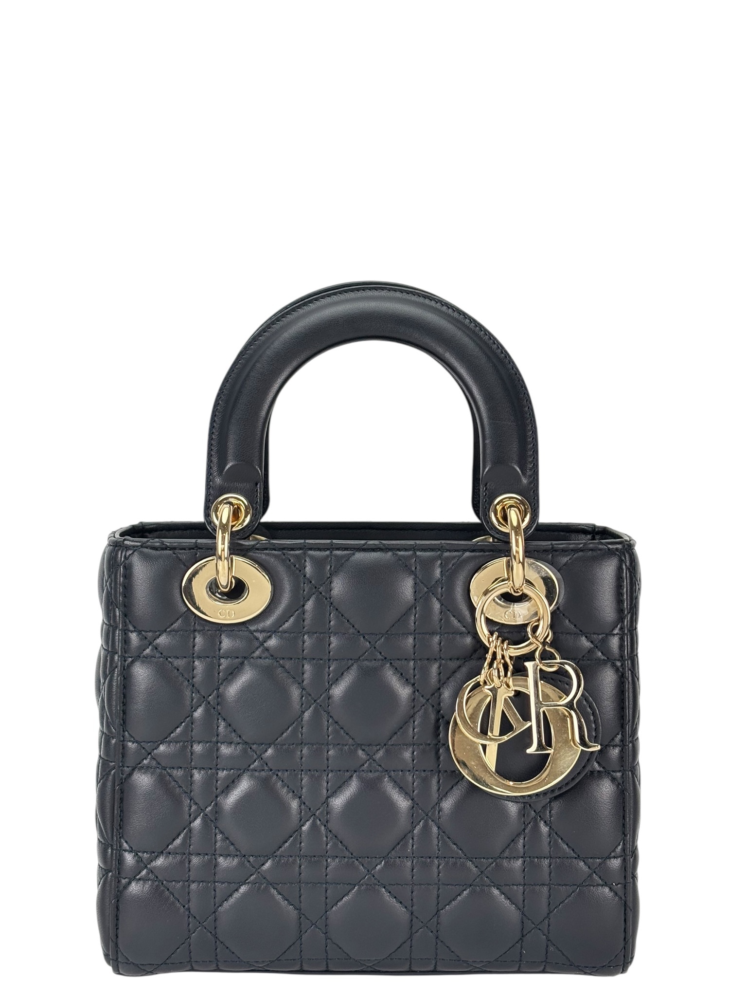 CHRISTIAN DIOR - Lady Dior 2Way Hand Bag Gold Hardware Lambskin Navy