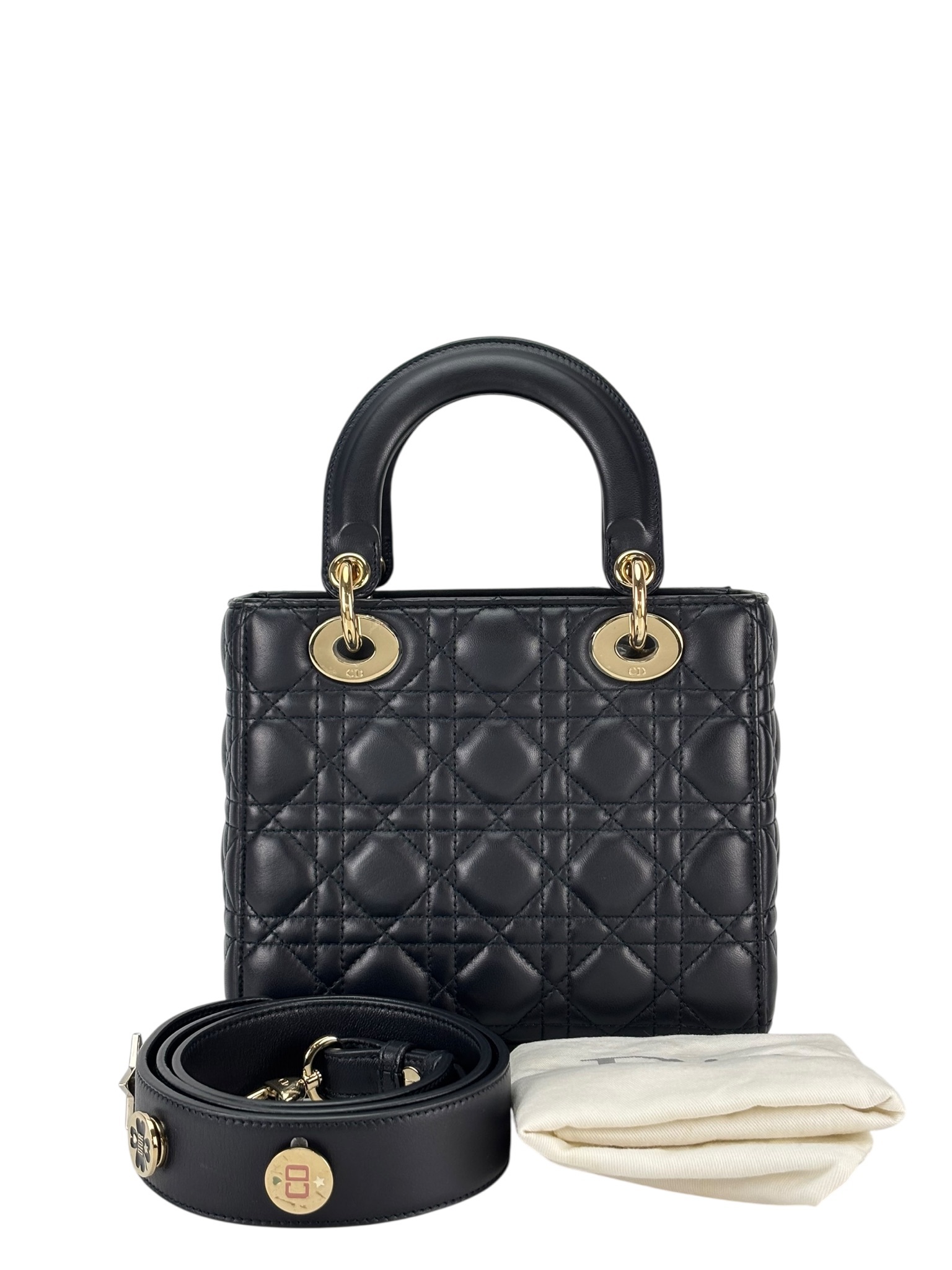 CHRISTIAN DIOR - Lady Dior 2Way Hand Bag Gold Hardware Lambskin Navy