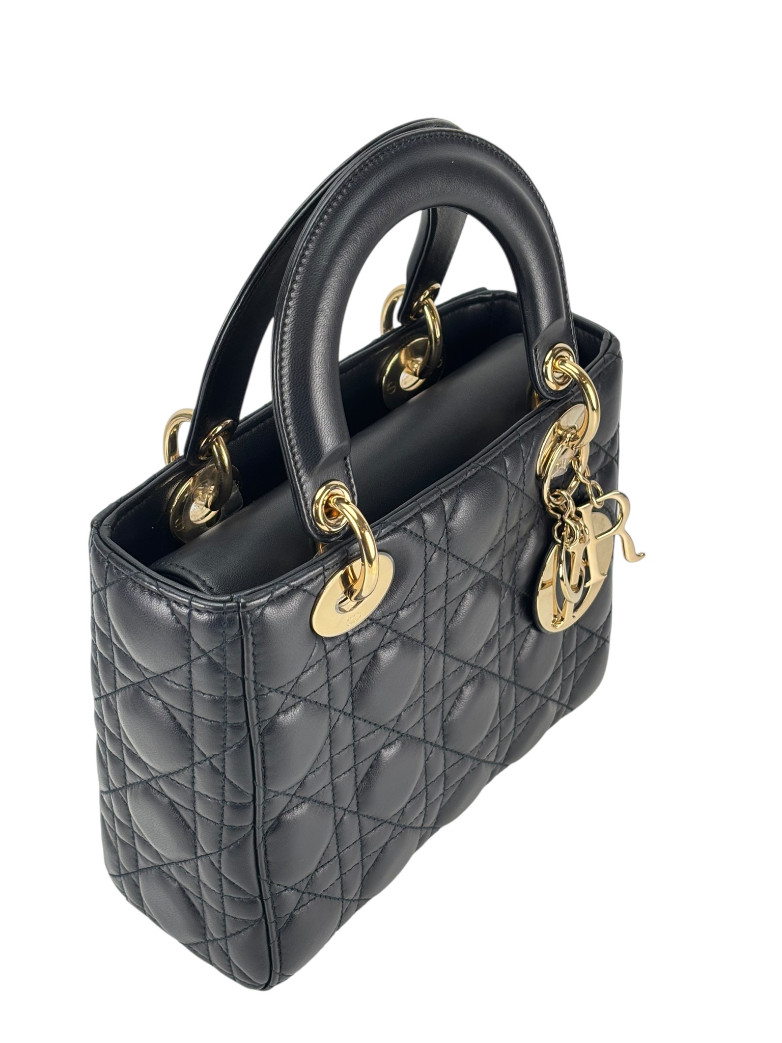 CHRISTIAN DIOR - Lady Dior 2Way Hand Bag Gold Hardware Lambskin Navy