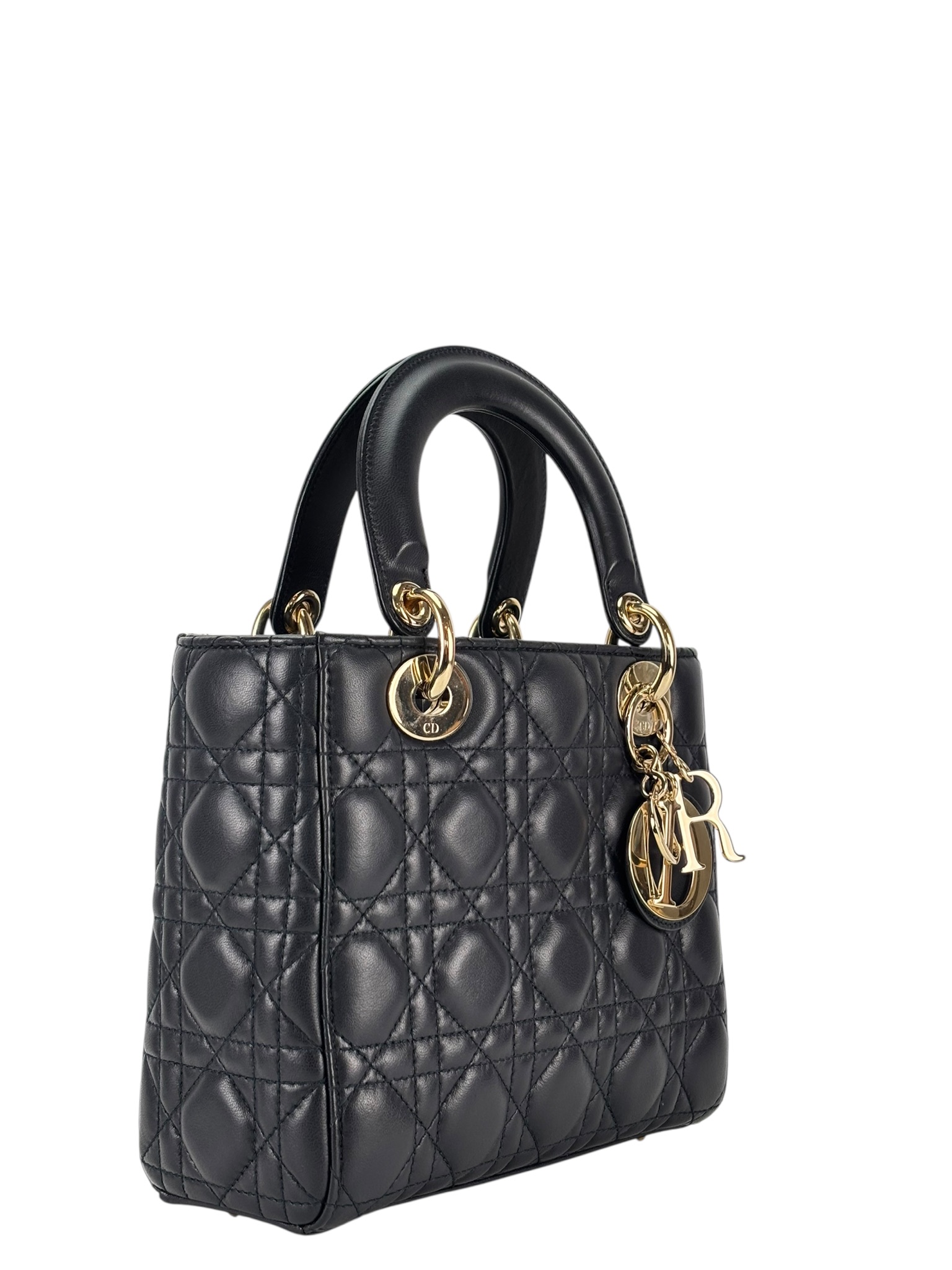 CHRISTIAN DIOR - Lady Dior 2Way Hand Bag Gold Hardware Lambskin Navy