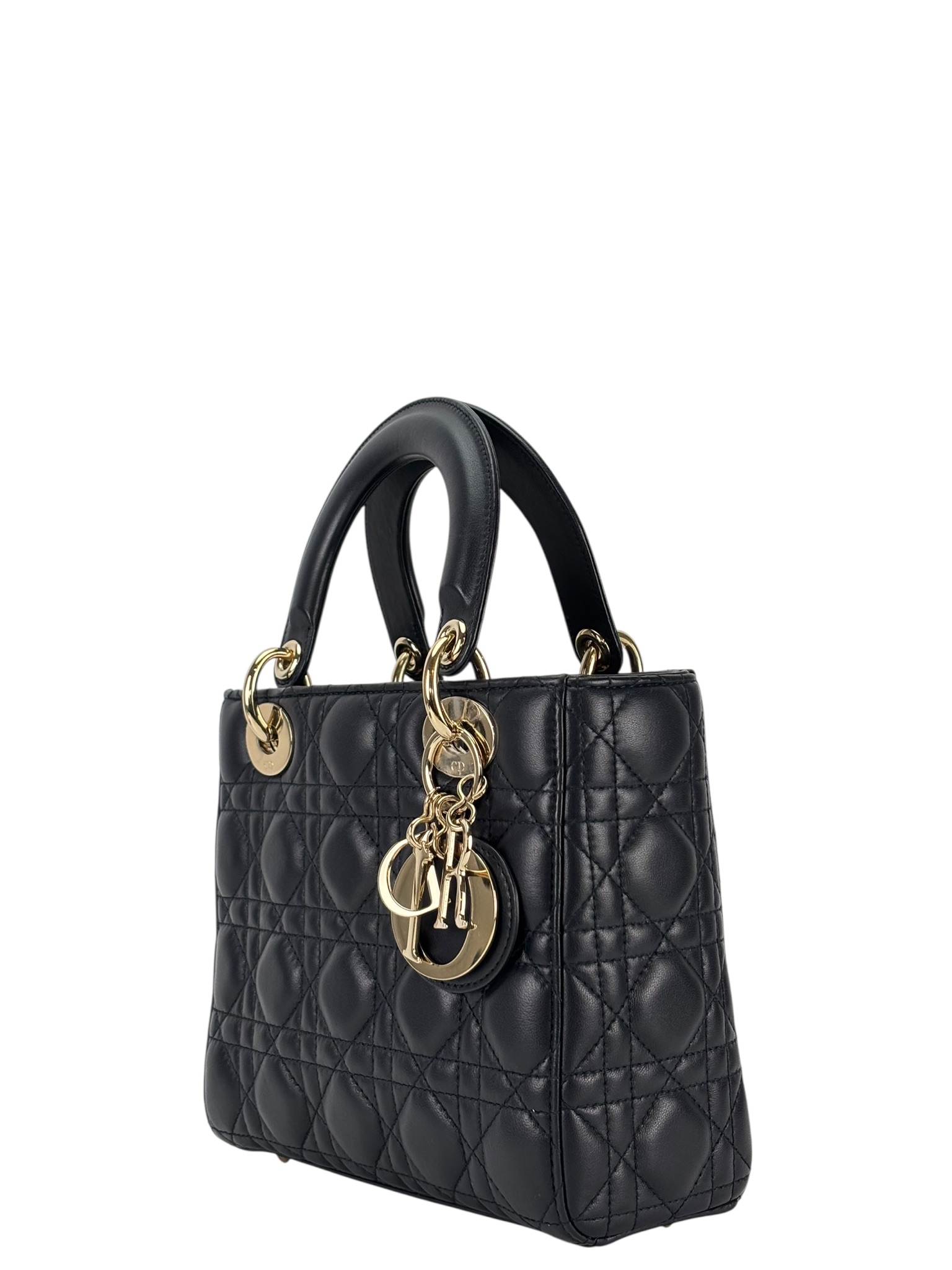 CHRISTIAN DIOR - Lady Dior 2Way Hand Bag Gold Hardware Lambskin Navy