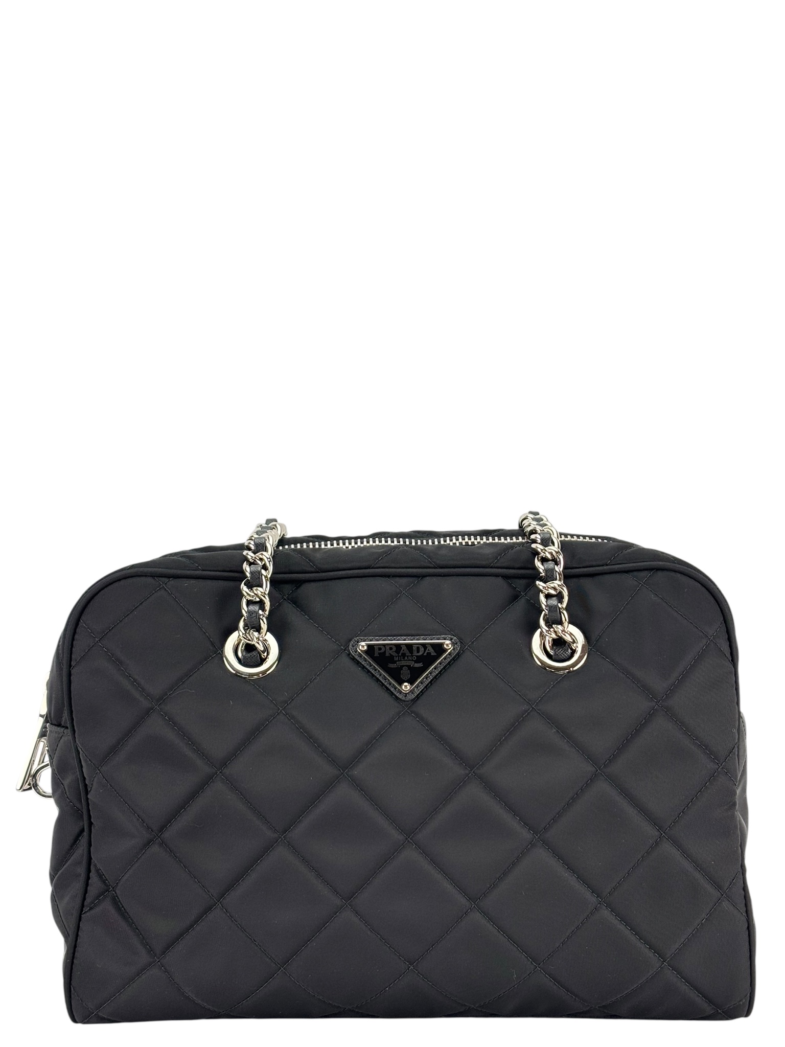 PRADA - Black Nylon Quilted Chain Tote Bag Shoulder Bag