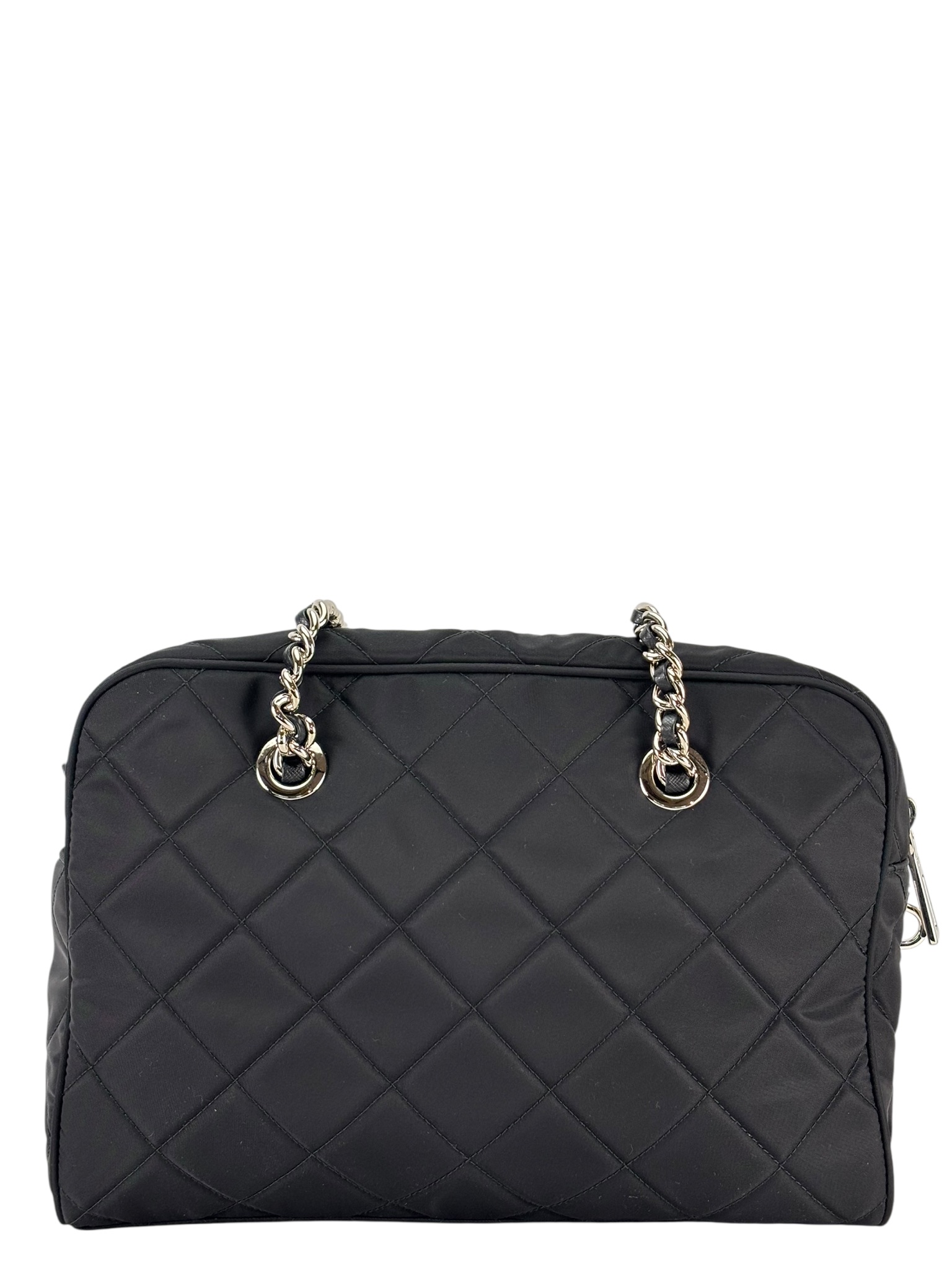 PRADA - Black Nylon Quilted Chain Tote Bag Shoulder Bag