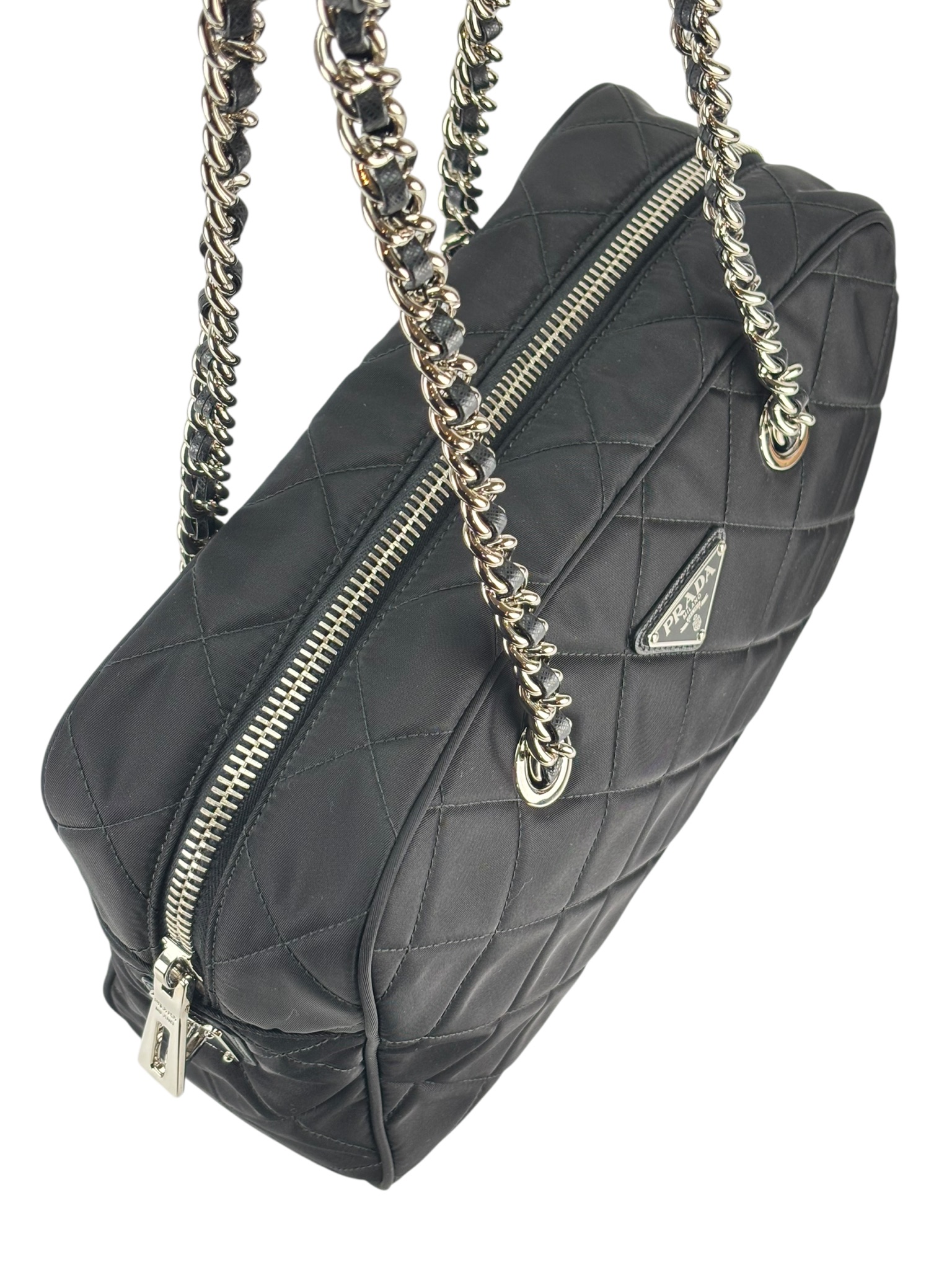PRADA - Black Nylon Quilted Chain Tote Bag Shoulder Bag – Camellia